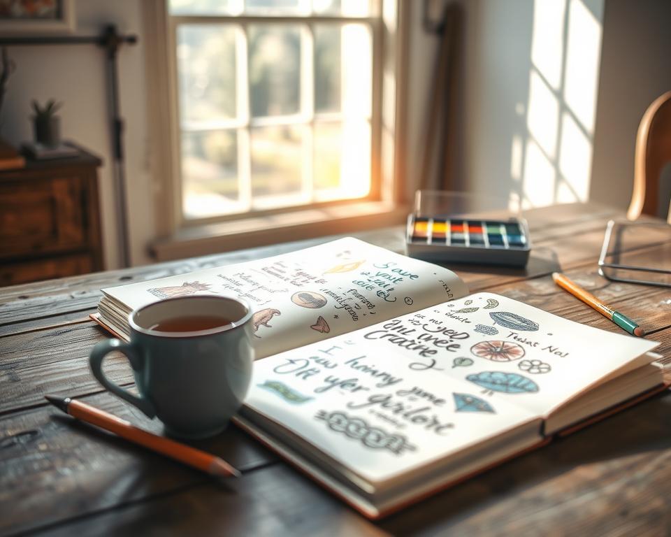 A beautifully arranged creative journal lies open on a rustic wooden table, filled with colorful sketches, inspirational quotes, and vibrant illustrations. The foreground features a cup of steaming tea, a pencil, and a set of watercolors, while the middle ground showcases pages with doodles and notes reflecting bursts of creativity. In the background, a bright window allows soft, natural light to flood the scene, casting delicate shadows that evoke a warm, inviting atmosphere. The overall mood is one of inspiration and exploration, perfect for overcoming creative blocks. The image captures a serene workspace that encourages imaginative thought, with a slight depth of field to keep the focus on the journal and its contents. A beautifully arranged creative journal lies open on a rustic wooden table, filled with colorful sketches, inspirational quotes, and vibrant illustrations. The foreground features a cup of steaming tea, a pencil, and a set of watercolors, while the middle ground showcases pages with doodles and notes reflecting bursts of creativity. In the background, a bright window allows soft, natural light to flood the scene, casting delicate shadows that evoke a warm, inviting atmosphere. The overall mood is one of inspiration and exploration, perfect for overcoming creative blocks. The image captures a serene workspace that encourages imaginative thought, with a slight depth of field to keep the focus on the journal and its contents.