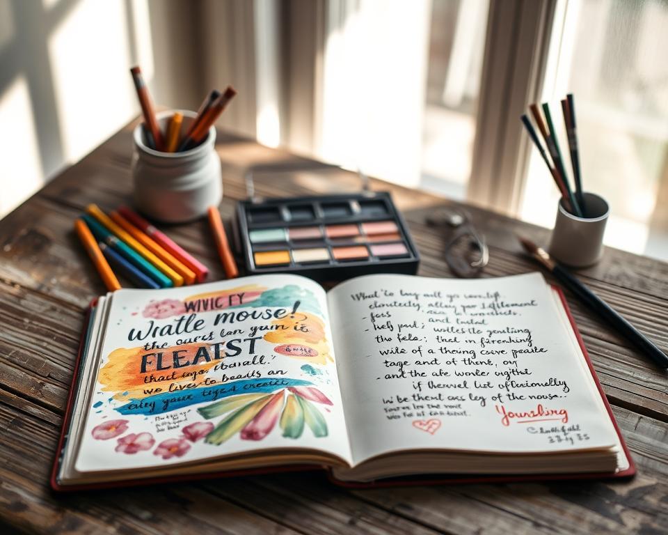 A beautifully arranged creative journal resting on a rustic wooden table, adorned with colorful sketches and inspirational quotes. In the foreground, the open journal reveals vibrant pages filled with a mix of watercolor art and handwritten notes, showcasing creativity and emotion. In the middle, an artful assortment of pastels, watercolor paints, and a paintbrush lies beside the journal, hinting at the artistic process. The background features a softly blurred window with natural light streaming in, casting gentle shadows that create a warm and inviting atmosphere. The mood is serene and inspiring, encouraging a sense of reflection and creativity. The overall scene is captured from a slight overhead angle, emphasizing the journal's intimate connection to the creative process. A beautifully arranged creative journal resting on a rustic wooden table, adorned with colorful sketches and inspirational quotes. In the foreground, the open journal reveals vibrant pages filled with a mix of watercolor art and handwritten notes, showcasing creativity and emotion. In the middle, an artful assortment of pastels, watercolor paints, and a paintbrush lies beside the journal, hinting at the artistic process. The background features a softly blurred window with natural light streaming in, casting gentle shadows that create a warm and inviting atmosphere. The mood is serene and inspiring, encouraging a sense of reflection and creativity. The overall scene is captured from a slight overhead angle, emphasizing the journal's intimate connection to the creative process.