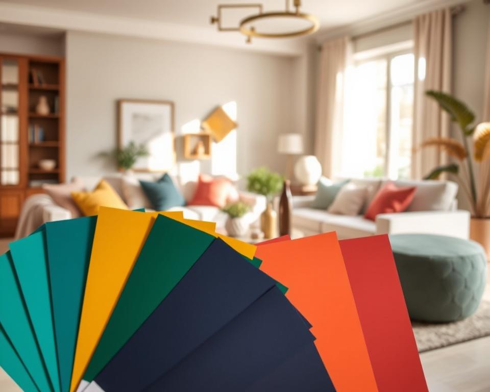A beautifully arranged display of various color combinations showcasing accent colors in interior design. In the foreground, vibrant paint swatches in shades of teal, mustard yellow, coral, and deep navy, artfully fanned out like a color palette. In the middle ground, elegant accent pieces such as throw pillows, decorative vases, and artwork harmoniously arranged, demonstrating how these colors can enhance a room's aesthetic. The background features a softly lit, modern living space with neutral walls and wooden accents, creating a warm and inviting atmosphere. Natural sunlight streams through a window, casting gentle shadows and highlighting the textures of the fabrics. The overall mood is cheerful and inspiring, encouraging viewers to explore creative color choices for their own spaces.