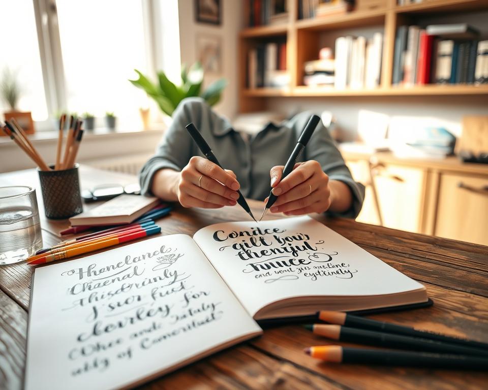 A beautifully arranged hand lettering tutorial scene on a rustic wooden desk. In the foreground, display an open sketchbook with elegant, hand-lettered phrases in various styles, surrounded by colorful ink pens, brushes, and a small glass of water. In the middle ground, a pair of skilled hands, clad in modest casual clothing, demonstrate a lettering technique with a brush pen, focusing on the intricate strokes. The background features natural light coming through a nearby window, casting soft shadows, and shelves filled with art supplies and inspirational books. The overall mood is creative and inviting, encouraging viewers to explore and improve their hand lettering skills.