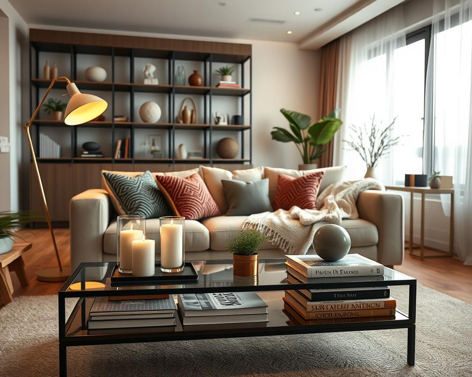 A beautifully arranged living space showcasing clever layout concepts, with a focus on accessories and decor as the final touch. In the foreground, a stylish coffee table adorned with elegant books, candles, and a small potted plant. The middle features a cozy sofa with colorful throw pillows and a soft blanket, complemented by a chic floor lamp casting warm light. In the background, large windows allow natural light to flood the room, revealing artfully placed curtains that add an airy feel. A modern bookshelf filled with decorative items and small sculptures enhances the atmosphere. The mood is inviting and serene, evoking a sense of comfort and sophistication. The scene captures an overall harmonious design with soft, diffused lighting, emphasizing textures and colors in a cozy interior environment. A beautifully arranged living space showcasing clever layout concepts, with a focus on accessories and decor as the final touch. In the foreground, a stylish coffee table adorned with elegant books, candles, and a small potted plant. The middle features a cozy sofa with colorful throw pillows and a soft blanket, complemented by a chic floor lamp casting warm light. In the background, large windows allow natural light to flood the room, revealing artfully placed curtains that add an airy feel. A modern bookshelf filled with decorative items and small sculptures enhances the atmosphere. The mood is inviting and serene, evoking a sense of comfort and sophistication. The scene captures an overall harmonious design with soft, diffused lighting, emphasizing textures and colors in a cozy interior environment.