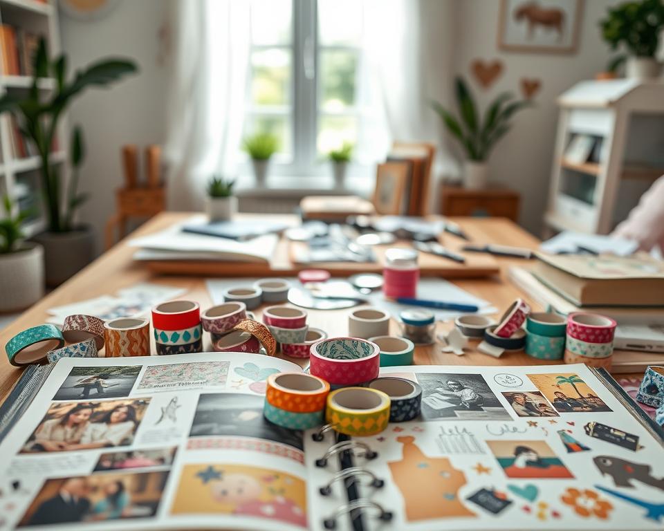 A beautifully arranged scrapbooking scene featuring a variety of washi tape rolls in vibrant colors and intricate patterns. In the foreground, there are several open scrapbook pages adorned with colorful tape, decorative stickers, and photographs. The middle layer showcases a wooden table filled with various crafting tools such as scissors, glue, and paper cutouts. In the background, soft natural light streams through a nearby window, illuminating the space and casting gentle shadows. A cozy, inviting atmosphere is created, perfect for inspiring creativity. The composition focuses on the art of scrapbooking as a warm and engaging activity, with an emphasis on the playful and artistic use of washi tape.