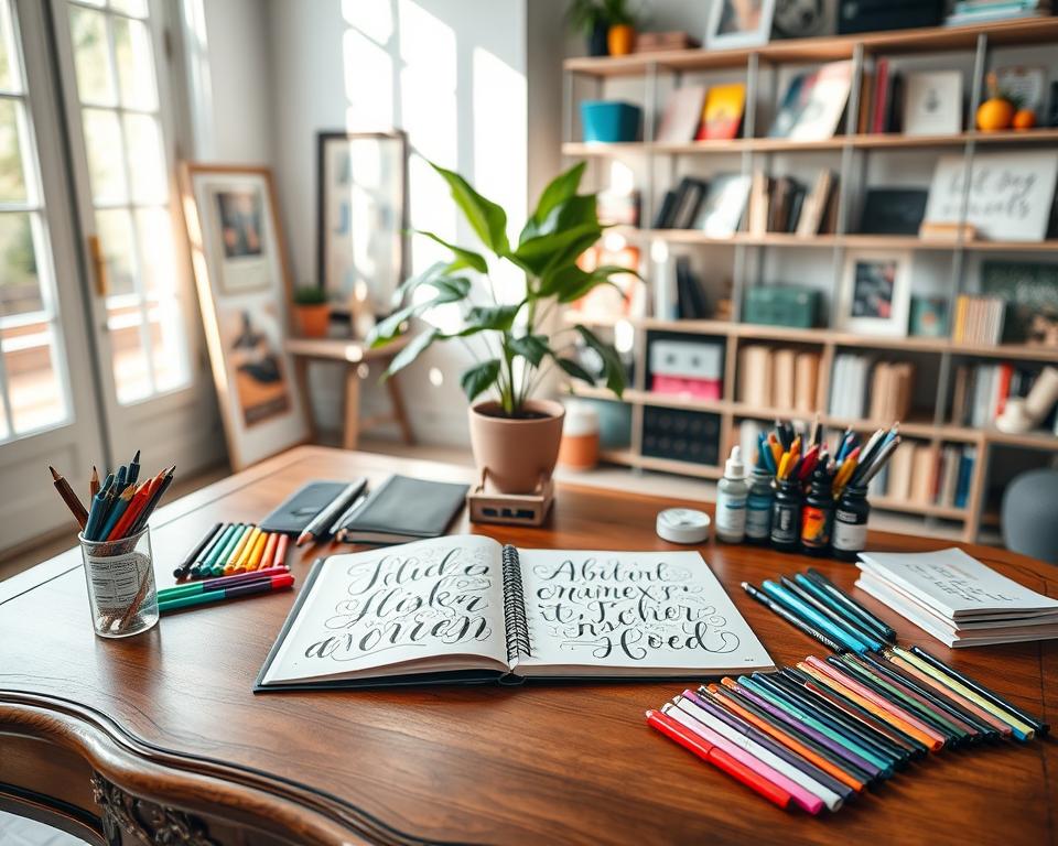 A beautifully arranged workspace showcasing hand lettering resources. In the foreground, an elegant wooden desk is adorned with a variety of hand lettering tools: colorful brush pens, fine liners, and calligraphy ink bottles, all neatly organized. In the middle, there's an open sketchbook with intricate letter designs and decorative illustrations, surrounded by a palette of vibrant colors. The background features a bright, airy room with soft, natural lighting pouring in from a large window, casting gentle shadows. A potted plant adds a touch of greenery, while shelves filled with lettering books and inspiration boards enhance the artistic atmosphere. The mood is creative and inviting, perfect for nurturing the art of hand lettering.
