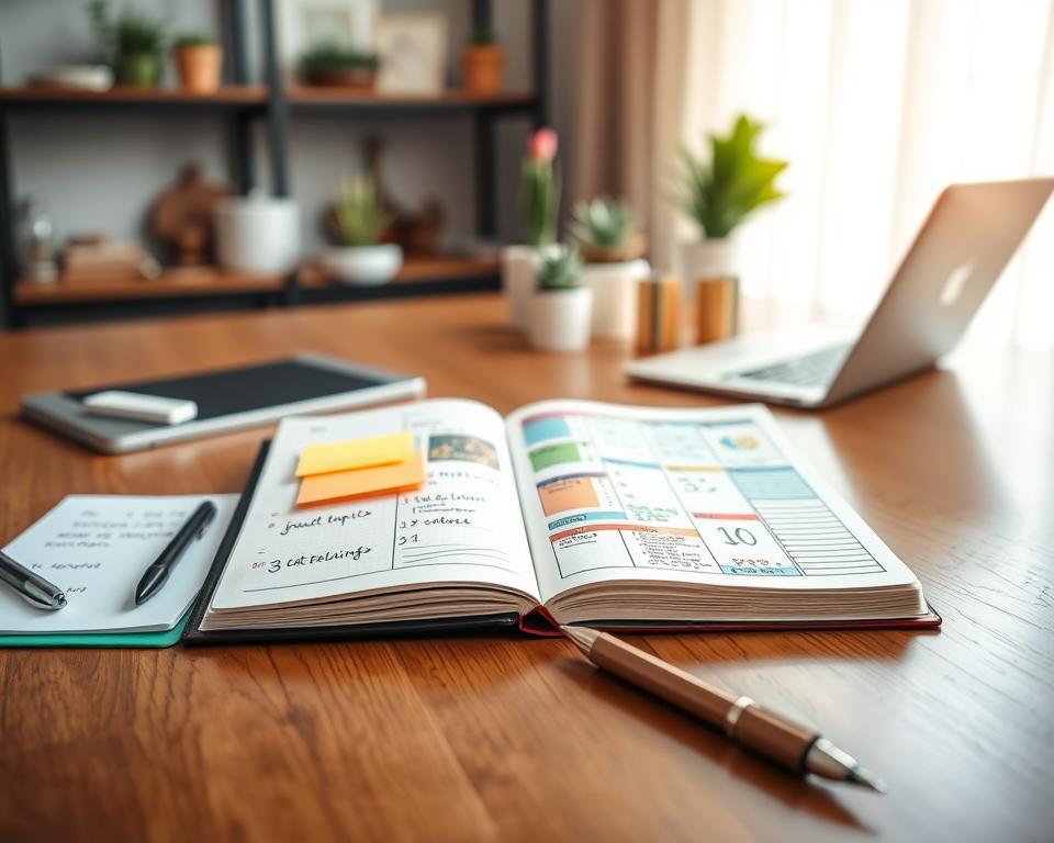 A beautifully organized bullet journal spread open on a polished wooden desk in a modern office setting. The foreground features neatly handwritten notes in elegant ink, colorful sticky notes, and a stylish pen. The middle layer showcases a vibrant planner layout filled with to-do lists, project timelines, and goal trackers, highlighting productivity. In the background, a blurred view of a laptop, succulent plants, and minimalistic decor adds a professional touch. Soft, natural light filters through a nearby window, creating a warm and inviting atmosphere. The overall mood is one of calm focus and organized creativity, perfect for illustrating effective work habits and productivity techniques.