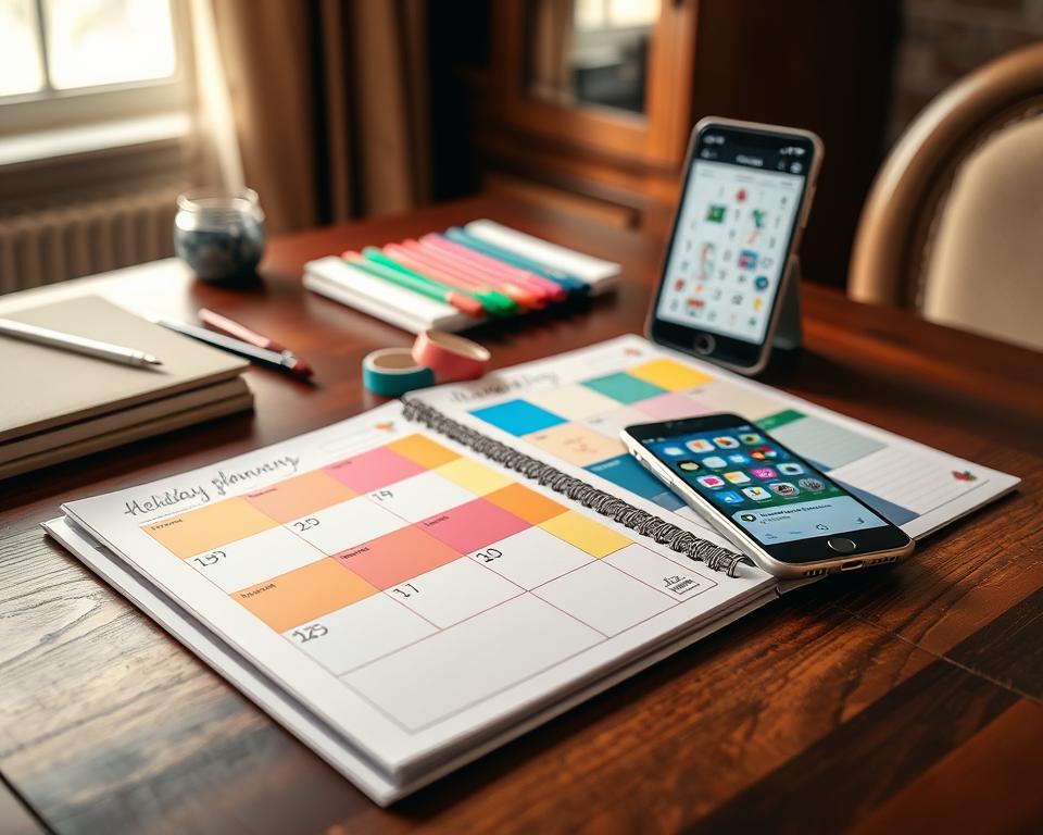 A beautifully organized holiday planner layout designed for special occasions, displayed on an elegant wooden desk. In the foreground, vibrant, color-coded monthly planner pages feature decorative elements like illustrations of festive icons (like snowflakes, hearts, or autumn leaves) and handwritten notes. The middle layer showcases a neatly arranged set of washi tapes and colored pens, alongside a polished smartphone displaying a holiday-themed calendar. In the background, soft, natural lighting filters through a nearby window, creating a warm, inviting atmosphere. The overall mood is creative and inspiring, encouraging a sense of excitement for planning memorable events. The scene should be captured using a close-up angle to emphasize the intricate details of the layout and accessories, maintaining a clean and professional aesthetic. A beautifully organized holiday planner layout designed for special occasions, displayed on an elegant wooden desk. In the foreground, vibrant, color-coded monthly planner pages feature decorative elements like illustrations of festive icons (like snowflakes, hearts, or autumn leaves) and handwritten notes. The middle layer showcases a neatly arranged set of washi tapes and colored pens, alongside a polished smartphone displaying a holiday-themed calendar. In the background, soft, natural lighting filters through a nearby window, creating a warm, inviting atmosphere. The overall mood is creative and inspiring, encouraging a sense of excitement for planning memorable events. The scene should be captured using a close-up angle to emphasize the intricate details of the layout and accessories, maintaining a clean and professional aesthetic.