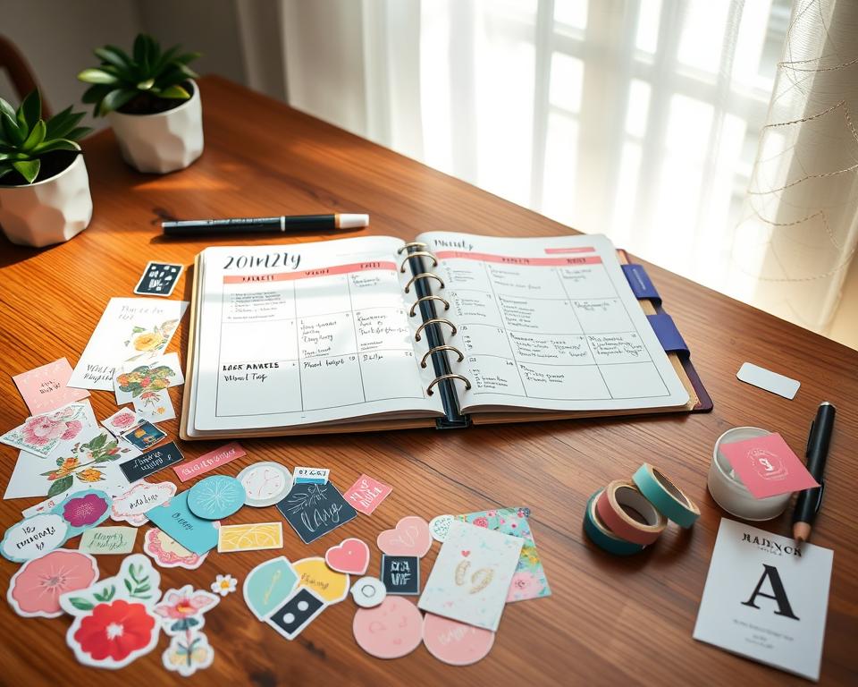 A beautifully organized monthly agenda layout spread across a wooden desk, adorned with colorful stickers and decorative washi tape. In the foreground, vibrant decorative items like floral stickers, motivational quotes, and pastel washi tape embellishments border the planner pages, adding a creative touch. The middle ground features an open planner with neatly written dates and tasks, showcasing a mix of hand-drawn doodles and artistic flair. The background includes soft, diffused lighting emanating from a nearby window, casting gentle shadows that enhance the cozy, inviting atmosphere. The scene should evoke inspiration and creativity, reflecting the joy of planning and organizing with personal touches, all captured from a slightly elevated angle for a comprehensive view of the layout. A beautifully organized monthly agenda layout spread across a wooden desk, adorned with colorful stickers and decorative washi tape. In the foreground, vibrant decorative items like floral stickers, motivational quotes, and pastel washi tape embellishments border the planner pages, adding a creative touch. The middle ground features an open planner with neatly written dates and tasks, showcasing a mix of hand-drawn doodles and artistic flair. The background includes soft, diffused lighting emanating from a nearby window, casting gentle shadows that enhance the cozy, inviting atmosphere. The scene should evoke inspiration and creativity, reflecting the joy of planning and organizing with personal touches, all captured from a slightly elevated angle for a comprehensive view of the layout.