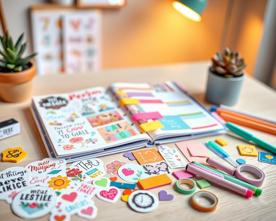 A beautifully organized planner spread featuring an array of planner decorations. In the foreground, vibrant stickers adorned with motivational quotes, floral designs, and colorful tabs intermingle with gel pens and washi tape in pastel colors. The middle ground showcases an open planner with neatly arranged sticky notes in various shapes and colors, all set on a light wooden table. The background offers a soft, blurred view of a stylish desk adorned with a succulent plant and a warm lamp illuminating the scene, creating a cozy and inviting atmosphere. The lighting is bright but soft, capturing the essence of productivity and creativity, while the overall mood is cheerful and inspiring, perfect for enhancing personal organization. A beautifully organized planner spread featuring an array of planner decorations. In the foreground, vibrant stickers adorned with motivational quotes, floral designs, and colorful tabs intermingle with gel pens and washi tape in pastel colors. The middle ground showcases an open planner with neatly arranged sticky notes in various shapes and colors, all set on a light wooden table. The background offers a soft, blurred view of a stylish desk adorned with a succulent plant and a warm lamp illuminating the scene, creating a cozy and inviting atmosphere. The lighting is bright but soft, capturing the essence of productivity and creativity, while the overall mood is cheerful and inspiring, perfect for enhancing personal organization.