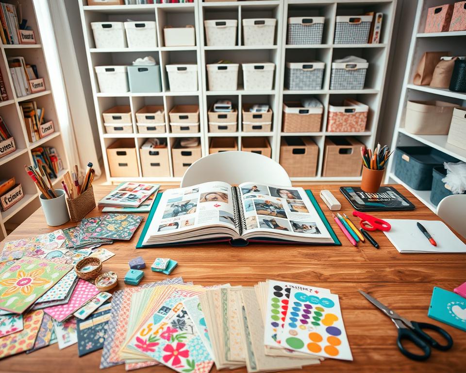 A beautifully organized scrapbook workspace, showcasing a variety of scrapbook materials. In the foreground, a well-arranged wooden table displays vibrant patterned paper, an array of stickers, scissors, and tools like glue and tape in stylish containers. In the middle ground, a large open scrapbook lies invitingly, filled with colorful pages, photographs, and embellishments, showcasing creative layouts. The background features neatly organized shelves filled with storage boxes and baskets, all labeled for easy access. Soft, natural lighting floods the scene, creating a warm and inviting atmosphere. The angle is slightly elevated, emphasizing the neat arrangement and inviting the viewer into the creative process. The overall mood is organized, inspiring, and ready for crafting.