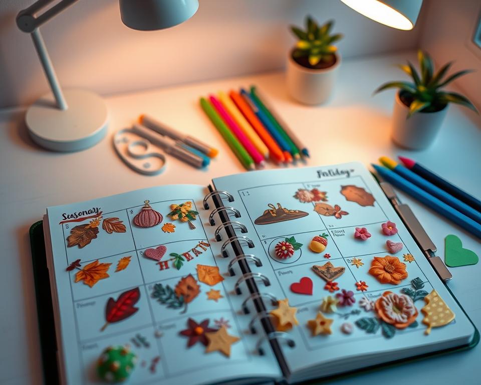 A beautifully organized seasonal planner spread, showcasing distinct themes for each season and holiday. In the foreground, an open planner reveals intricate decorations: autumn leaves, cozy sweaters, Christmas ornaments, and spring flowers. The middle ground features additional decorative elements like washi tape, colorful pens, sticky notes shaped like hearts and stars. The background includes a soft, blurred workspace with a clean desk, a modern lamp providing warm lighting, and a subtle hint of greenery from a nearby plant. The mood is inviting and creative, inspiring productivity and seasonal joy. The composition is captured with a slightly elevated angle, creating a cozy atmosphere and vibrant, colorful details. A beautifully organized seasonal planner spread, showcasing distinct themes for each season and holiday. In the foreground, an open planner reveals intricate decorations: autumn leaves, cozy sweaters, Christmas ornaments, and spring flowers. The middle ground features additional decorative elements like washi tape, colorful pens, sticky notes shaped like hearts and stars. The background includes a soft, blurred workspace with a clean desk, a modern lamp providing warm lighting, and a subtle hint of greenery from a nearby plant. The mood is inviting and creative, inspiring productivity and seasonal joy. The composition is captured with a slightly elevated angle, creating a cozy atmosphere and vibrant, colorful details.