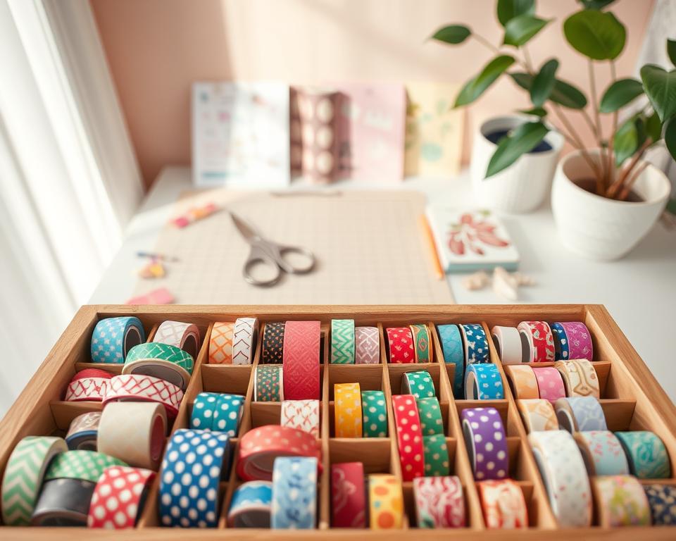 A beautifully organized washi tape storage display, highlighting various rolls of colorful washi tape in a wooden or metal organizer. The foreground features rolls of different patterns and colors, neatly arranged in clear compartments, inviting exploration and creativity. The middle section includes a well-lit crafting workspace with scissors, a cutting mat, and a small stack of decorative papers, suggesting a creative environment. The background features soft pastel tones and some plants, creating a warm and inspiring atmosphere. Use soft, natural lighting to enhance the colors and textures of the washi tape. The camera angle is slightly above eye level, capturing the full arrangement with depth and inviting viewers into this creative space.