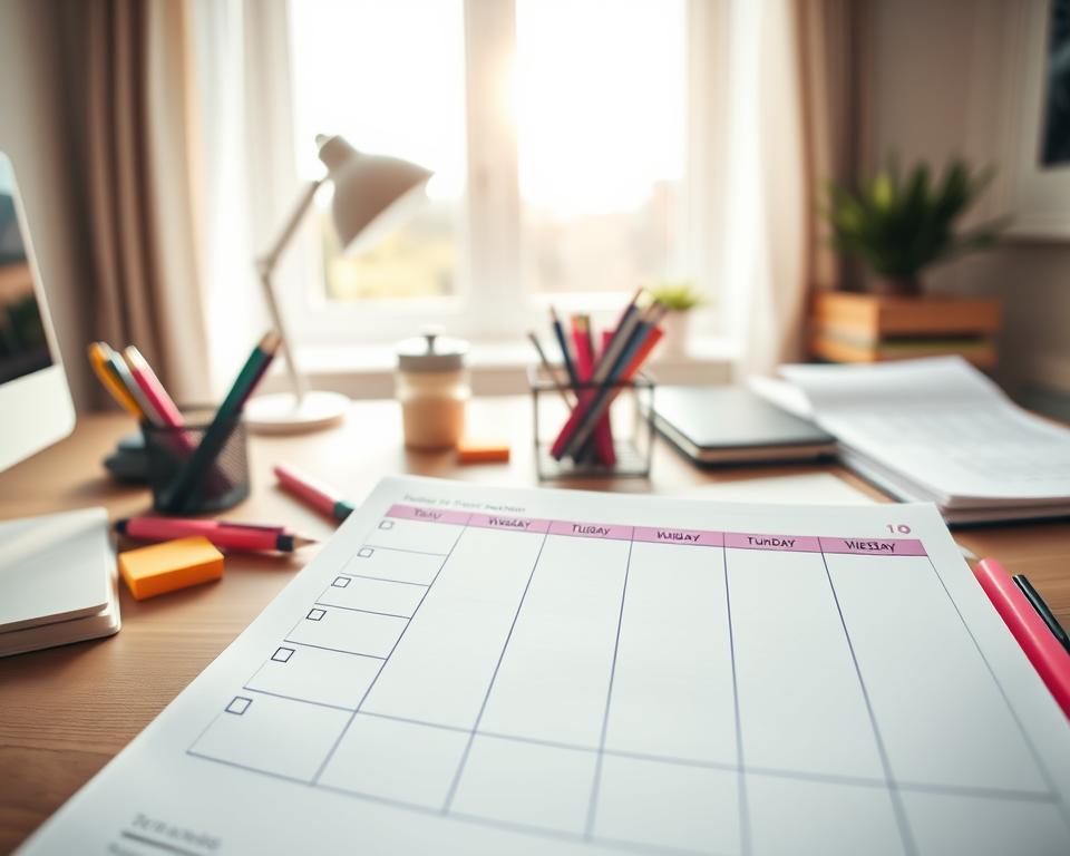 A beautifully organized weekly planner template displayed prominently in the foreground, featuring clearly labeled sections for each day of the week. The planner showcases vibrant colors, motivational quotes at the top, and checkboxes for task completion. In the middle ground, a neatly arranged desk with stylish stationery—like pens and sticky notes—adds an aesthetic touch. In the background, a soft-focused window reveals a sunny day, casting warm natural light onto the workspace, enhancing the uplifting atmosphere. The overall mood conveys a sense of productivity and motivation, inviting viewers to imagine their own planning routine. Use a wide-angle lens to capture the entire scene and create depth, without any text or distractions. A beautifully organized weekly planner template displayed prominently in the foreground, featuring clearly labeled sections for each day of the week. The planner showcases vibrant colors, motivational quotes at the top, and checkboxes for task completion. In the middle ground, a neatly arranged desk with stylish stationery—like pens and sticky notes—adds an aesthetic touch. In the background, a soft-focused window reveals a sunny day, casting warm natural light onto the workspace, enhancing the uplifting atmosphere. The overall mood conveys a sense of productivity and motivation, inviting viewers to imagine their own planning routine. Use a wide-angle lens to capture the entire scene and create depth, without any text or distractions.