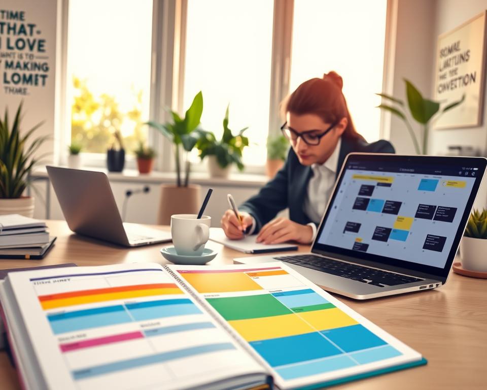 A beautifully organized workspace illustrating the concept of time-blocking scheduling. In the foreground, a desk is adorned with a colorful planner open to a week view, filled with time blocks in vibrant blues, greens, and yellows for different tasks. A sleek laptop with a calendar app displays visual time blocks. In the middle, a focused individual in professional business attire is diligently writing notes and adjusting their schedule, with a cup of coffee by their side. The background showcases a well-lit room through a large window, letting in warm, natural light. The atmosphere feels productive and inspiring, with motivational quotes on the wall and indoor plants adding a touch of greenery, enhancing the mood of commitment to productivity and organization.