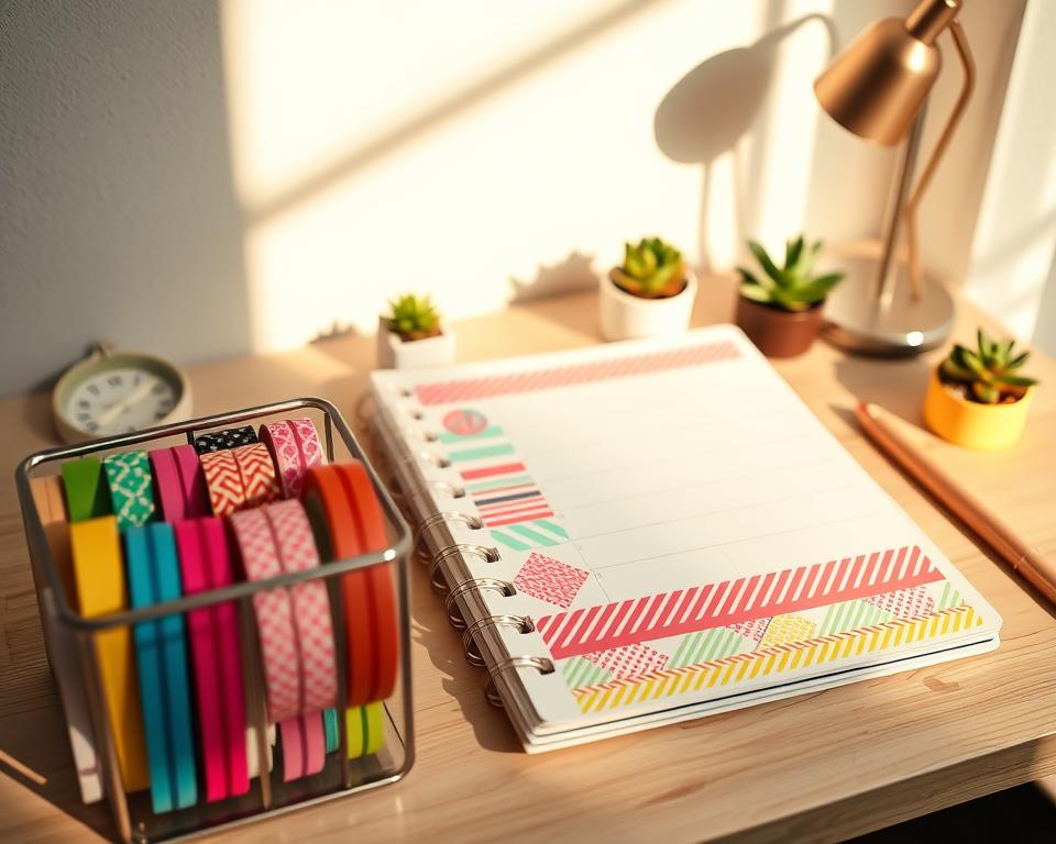 A beautifully styled workspace featuring vibrant, layered washi tape techniques. In the foreground, an elegant assortment of colorful washi tape rolls displayed in a stylish organizer. The middle layer showcases a planner adorned with intricate patterns created by overlapping strips of washi tape, demonstrating depth and creativity. In the background, a softly blurred desk with minimalistic decor, including a chic desk lamp and succulent plants, enhances the workspace feel. Warm, natural lighting casts gentle shadows, creating a cozy atmosphere. The composition is captured from a slight top-down angle to highlight the layering techniques while keeping a clean, unobtrusive aesthetic. Ideal for illustrating innovative planner decoration tips, the image radiates inspiration and style. A beautifully styled workspace featuring vibrant, layered washi tape techniques. In the foreground, an elegant assortment of colorful washi tape rolls displayed in a stylish organizer. The middle layer showcases a planner adorned with intricate patterns created by overlapping strips of washi tape, demonstrating depth and creativity. In the background, a softly blurred desk with minimalistic decor, including a chic desk lamp and succulent plants, enhances the workspace feel. Warm, natural lighting casts gentle shadows, creating a cozy atmosphere. The composition is captured from a slight top-down angle to highlight the layering techniques while keeping a clean, unobtrusive aesthetic. Ideal for illustrating innovative planner decoration tips, the image radiates inspiration and style.