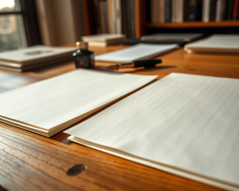 A close-up comparison of two sheets of Tomoe River Paper, beautifully arranged on a wooden desk. In the foreground, one sheet displays its smooth, translucent surface, while adjacent, another features subtle texture, emphasizing different qualities. Soft, natural lighting highlights the delicate fibers and sheen of the paper, creating a warm atmosphere. In the middle ground, a stylish fountain pen rests beside an ink bottle, symbolizing the writing experience. The background is softly blurred, revealing a cozy workspace with hints of books and stationery. The overall mood conveys elegance and quality, inviting the viewer to contemplate the craftsmanship of Tomoe River Paper, perfect for discerning writers.