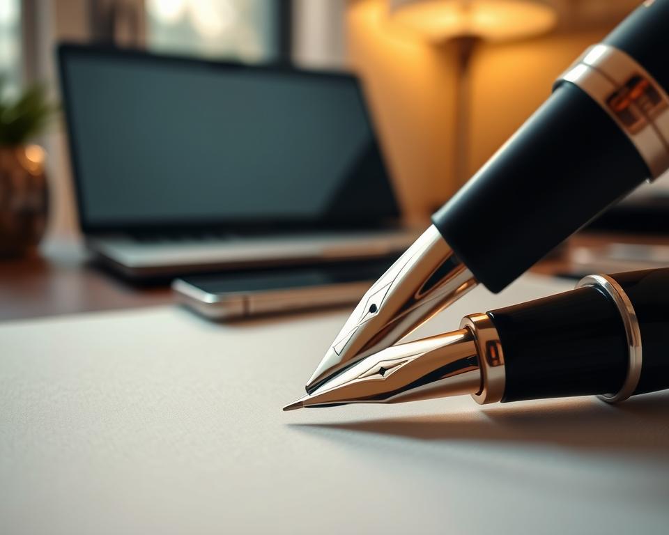 A close-up shot of a luxurious fountain pen gliding smoothly across an elegant sheet of high-quality paper, capturing the essence of handwriting. In the foreground, the shimmering metallic nib of the pen reflects soft, natural light, highlighting the intricate details of its craftsmanship. In the middle ground, the ink flows gracefully from the nib, creating beautifully formed letters. The background reveals a subtle blend of modern technology, such as a sleek laptop and smartphone, hinting at the digital age. The lighting is warm and inviting, creating a cozy atmosphere that inspires creativity. The mood is serene and focused, perfect for appreciating the artistry of writing with a fountain pen in a contemporary setting. A close-up shot of a luxurious fountain pen gliding smoothly across an elegant sheet of high-quality paper, capturing the essence of handwriting. In the foreground, the shimmering metallic nib of the pen reflects soft, natural light, highlighting the intricate details of its craftsmanship. In the middle ground, the ink flows gracefully from the nib, creating beautifully formed letters. The background reveals a subtle blend of modern technology, such as a sleek laptop and smartphone, hinting at the digital age. The lighting is warm and inviting, creating a cozy atmosphere that inspires creativity. The mood is serene and focused, perfect for appreciating the artistry of writing with a fountain pen in a contemporary setting.