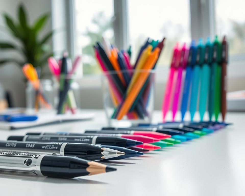 A close-up view of an array of gel pens displayed prominently on a clean, white desk, showcasing various features like glossy finishes, vibrant ink colors, and different tip sizes. In the foreground, a few pens are open, revealing their fine tips and ink flow, emphasizing their precision for writing and drawing. The middle layer captures a blurred cup filled with additional gel pens and stationery items, creating a sense of abundance. In the background, soft natural light filters in through a large window, highlighting the reflective qualities of the gel pens and creating a creative, inspiring atmosphere. The composition should evoke excitement and eagerness for artistry and organization, perfect for pen enthusiasts. A close-up view of an array of gel pens displayed prominently on a clean, white desk, showcasing various features like glossy finishes, vibrant ink colors, and different tip sizes. In the foreground, a few pens are open, revealing their fine tips and ink flow, emphasizing their precision for writing and drawing. The middle layer captures a blurred cup filled with additional gel pens and stationery items, creating a sense of abundance. In the background, soft natural light filters in through a large window, highlighting the reflective qualities of the gel pens and creating a creative, inspiring atmosphere. The composition should evoke excitement and eagerness for artistry and organization, perfect for pen enthusiasts.