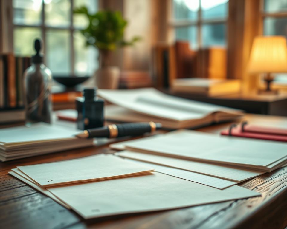 A close-up view of various Tomoe River paper samples displayed neatly on a wooden desk. In the foreground, showcase a selection of textures and weights of the paper, emphasizing their translucency and smooth finish. The middle ground features an elegant fountain pen and an ink bottle with rich ink colors, hinting at the writing experience. In the background, softly blurred, is a cozy, well-lit study setting with warm, ambient light filtering through a nearby window, casting a gentle glow on the papers. The atmosphere conveys a serene and inviting mood, perfect for writing. Use natural lighting to enhance the textures of the paper, adding a depth of field effect to focus on the samples.
