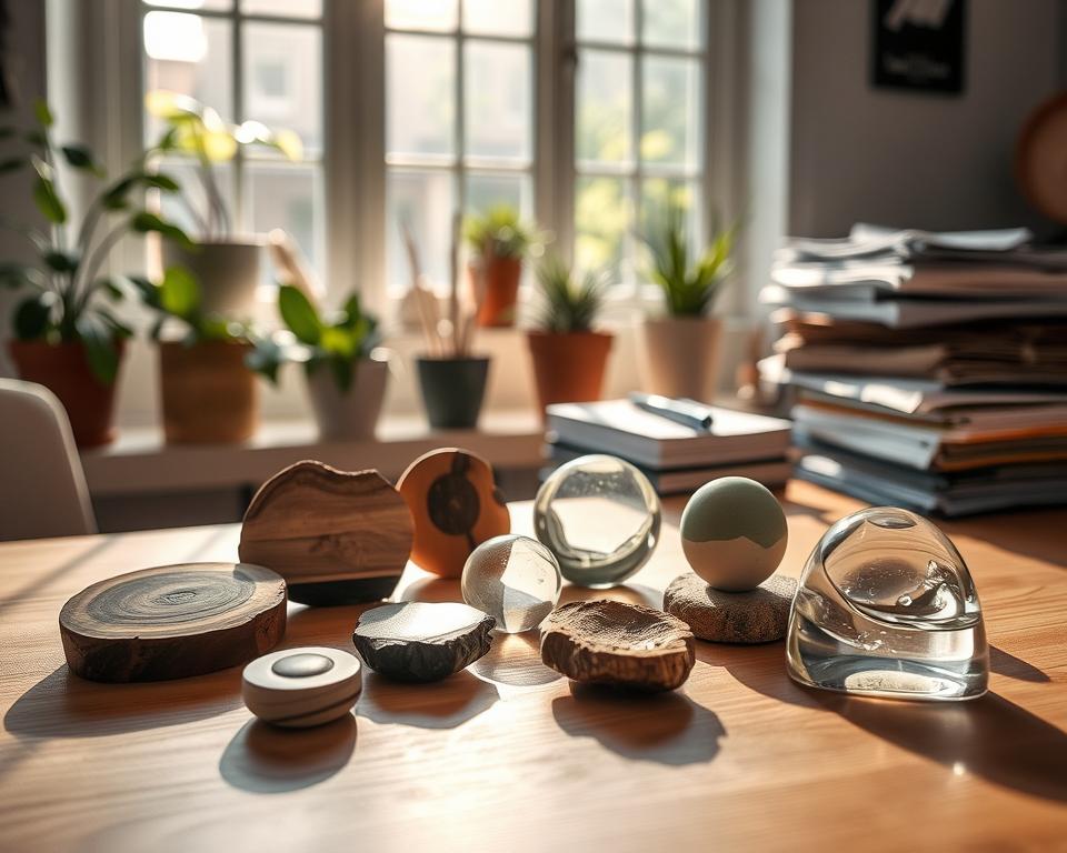 A collection of eco-friendly paperweights arranged on a smooth wooden desk. In the foreground, feature a variety of unique paperweights made from sustainable materials such as reclaimed wood, stone, and biodegradable resin, each with a natural finish and organic shapes. In the middle ground, soft sunlight filters through a large window, casting gentle shadows and highlighting the textures of each paperweight. The background includes potted plants and a stack of recycled paper, emphasizing the eco-conscious theme. The atmosphere is bright and inviting, promoting a sense of calm and responsibility towards the environment. Use a soft focus effect to enhance the warmth of the scene, with a shallow depth of field that subtly blurs the background, drawing attention to the paperweights.