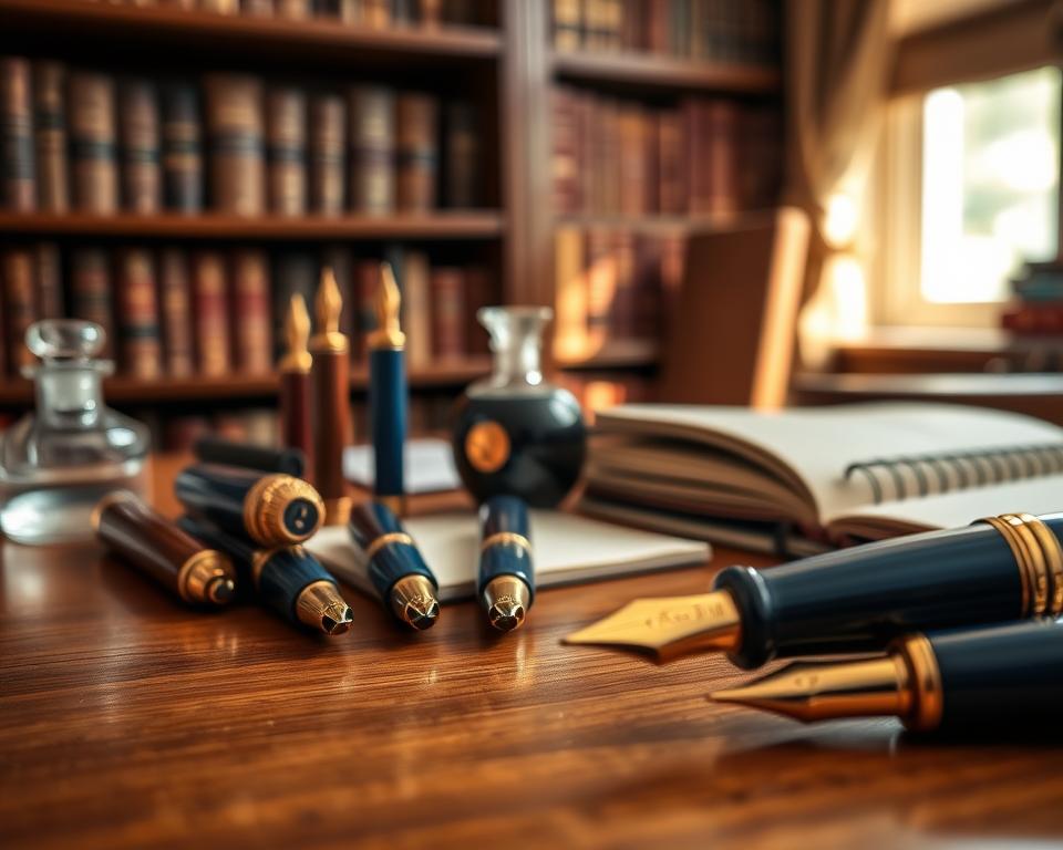 A collection of elegant vintage fountain pens arranged neatly on a polished wooden desk. Each pen showcases intricate designs, featuring rich mahogany and deep blue lacquer finishes, complemented by gold and silver accents reflecting soft, warm lighting. In the foreground, a close-up view highlights the delicate nibs, revealing fine craftsmanship. The middle ground includes an antique ink bottle with a glass stopper, casting gentle shadows, while a classic leather-bound notebook lies slightly open, hinting at written thoughts. The background is softly blurred, showcasing a bookshelf filled with vintage leather books. The atmosphere exudes nostalgia and sophistication, with gentle sunlight filtering through a nearby window, enhancing the sense of timeless elegance in the scene. A collection of elegant vintage fountain pens arranged neatly on a polished wooden desk. Each pen showcases intricate designs, featuring rich mahogany and deep blue lacquer finishes, complemented by gold and silver accents reflecting soft, warm lighting. In the foreground, a close-up view highlights the delicate nibs, revealing fine craftsmanship. The middle ground includes an antique ink bottle with a glass stopper, casting gentle shadows, while a classic leather-bound notebook lies slightly open, hinting at written thoughts. The background is softly blurred, showcasing a bookshelf filled with vintage leather books. The atmosphere exudes nostalgia and sophistication, with gentle sunlight filtering through a nearby window, enhancing the sense of timeless elegance in the scene.