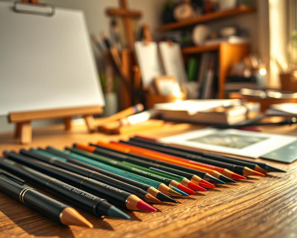 A collection of fine tip brush pens arranged artistically on a wooden desk, showcasing a variety of colors and designs, with some lying flat and others standing upright. In the background, a soft-focus artist's workspace featuring a canvas, sketchbooks, and an array of art supplies to provide context. The lighting is warm and inviting, with gentle sunlight streaming in from a nearby window, creating subtle shadows that enhance the texture of the pens and the wood grain of the desk. The mood is tranquil and inspiring, evoking a sense of creativity and care. The image is captured with a macro lens to emphasize the details of the brush tips and the intricate designs on the pen bodies. No text or branding present. A collection of fine tip brush pens arranged artistically on a wooden desk, showcasing a variety of colors and designs, with some lying flat and others standing upright. In the background, a soft-focus artist's workspace featuring a canvas, sketchbooks, and an array of art supplies to provide context. The lighting is warm and inviting, with gentle sunlight streaming in from a nearby window, creating subtle shadows that enhance the texture of the pens and the wood grain of the desk. The mood is tranquil and inspiring, evoking a sense of creativity and care. The image is captured with a macro lens to emphasize the details of the brush tips and the intricate designs on the pen bodies. No text or branding present.