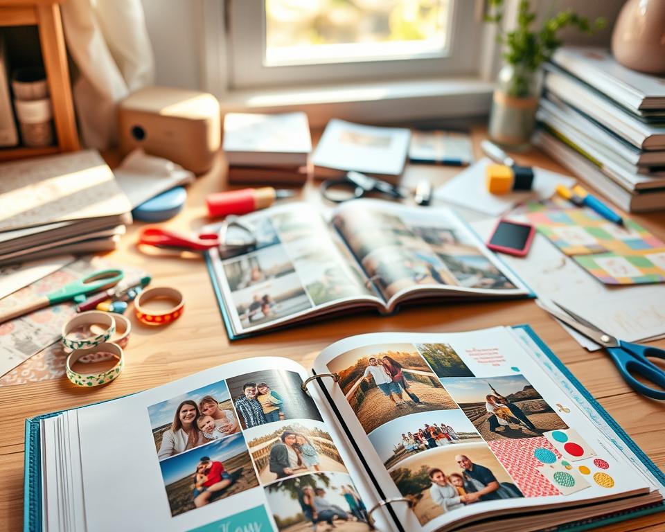 A cozy scrapbooking workspace filled with colorful materials and embellishments. In the foreground, a beautifully arranged scrapbook open to a page filled with vibrant photos of family gatherings and nature scenes, accented with decorative washi tape and stickers. The middle layer features scattered tools like scissors, glue, and patterned paper, inviting creativity. In the background, soft natural light filters through a nearby window, casting gentle shadows and highlighting the textures of the scrapbook pages and materials. The atmosphere is warm and inviting, evoking a sense of joy and nostalgia, perfect for enhancing the memory-keeping process. The composition captures the essence of a personalized and engaging scrapbook alongside essential crafting tools.