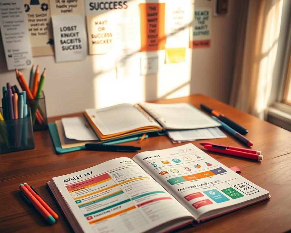 A cozy, well-lit workspace featuring a variety of habit tracking tools laid out on a wooden desk. In the foreground, there's a colorful bullet journal open with neatly organized habit tracking charts and motivational stickers. A set of gel pens in vibrant colors is positioned next to the journal. In the middle ground, a neatly arranged planner with a planner clip and some printed habit trackers is visible. To the background, a soft-focus wall showcases pinned success insights and quotes, creating an inspirational atmosphere. The warm, natural lighting from a nearby window casts gentle shadows, enhancing a productive and motivated mood. The overall scene conveys a sense of organization, focus, and personal growth.