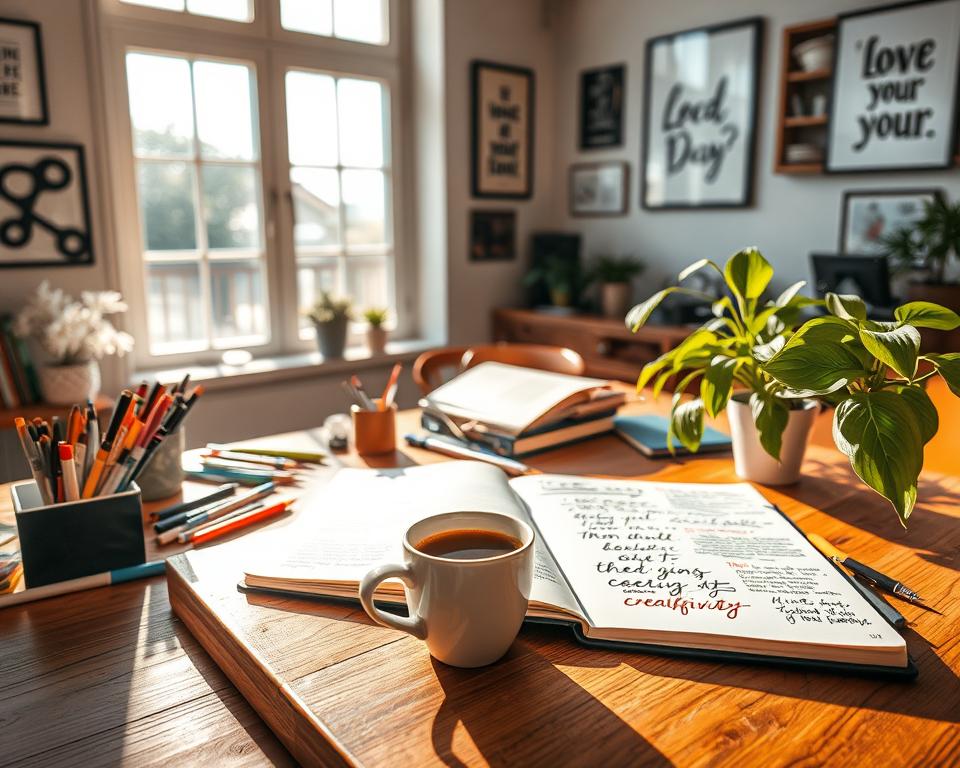 A cozy, well-lit workspace featuring a wooden desk cluttered with colorful stationery, an open journal filled with vibrant sketches and notes on creativity. In the foreground, a steaming cup of coffee sits beside a bright green plant, adding a touch of nature. In the middle background, a large window lets in soft, diffused sunlight, casting gentle shadows across the room. On the walls, inspirational art and quotes are elegantly framed. The atmosphere is warm and inviting, evoking a sense of productivity and creativity. The scene is captured from a slightly elevated angle, showcasing the desk's details while creating a sense of depth. The lighting is soft and natural, emphasizing a peaceful and focused mood.