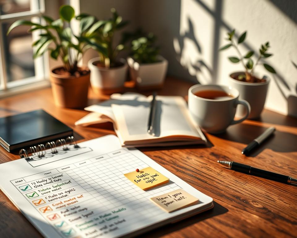 A cozy workspace showcasing a well-organized habit tracker on a stylish wooden desk. In the foreground, a colorful habit tracker chart filled with various habits, each marked with joyful checkmarks, alongside a motivating quote on a small sticky note. In the middle background, an open notebook with neatly written notes and a steaming cup of herbal tea, symbolizing relaxation and focus. Natural sunlight streams through a nearby window, casting soft shadows, creating a warm and inviting atmosphere. Potted green plants add a touch of nature to the scene, enhancing the feeling of productivity. The overall mood is uplifting and motivating, perfect for fostering positive habits. The image is captured with a soft focus, emphasizing the habit tracker while keeping the background slightly blurred.