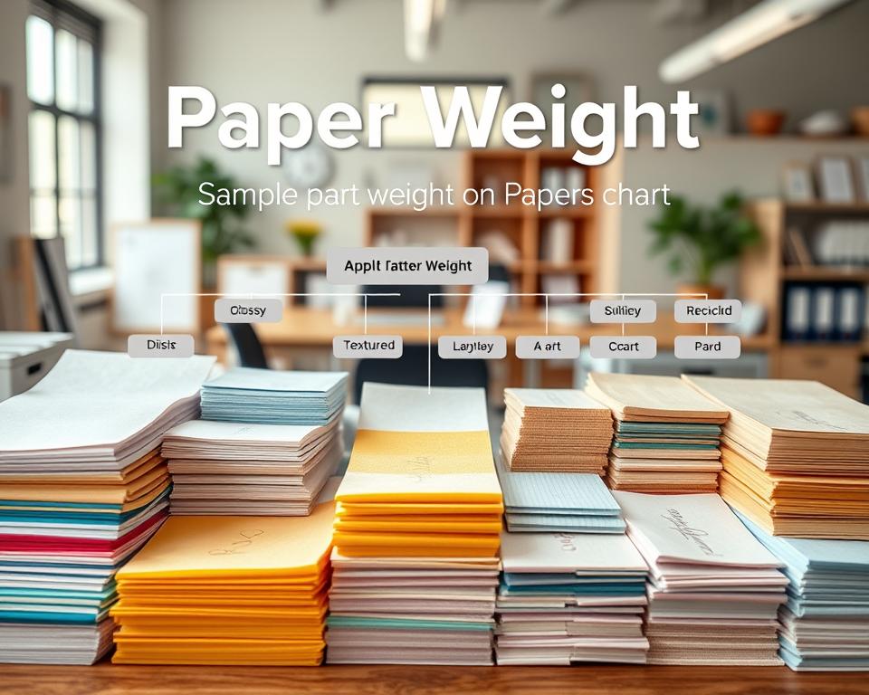 A detailed and visually appealing paper weight chart showcasing various specialty paper weights and their applications. In the foreground, display a vibrant array of sample paper weights, including glossy, textured, and recycled paper in different sizes and thicknesses, arranged neatly. In the middle, incorporate clear labels or icons representing their common uses, like stationery, art materials, or business documents. The background features a soft-focus office setting with a well-organized workspace, natural light filtering through a window to create a warm and inviting atmosphere. Use a slight top-down angle to emphasize the hierarchical nature of the chart. The overall mood should be professional and informative, suitable for an educational context emphasizing clarity and precision in paper selection.