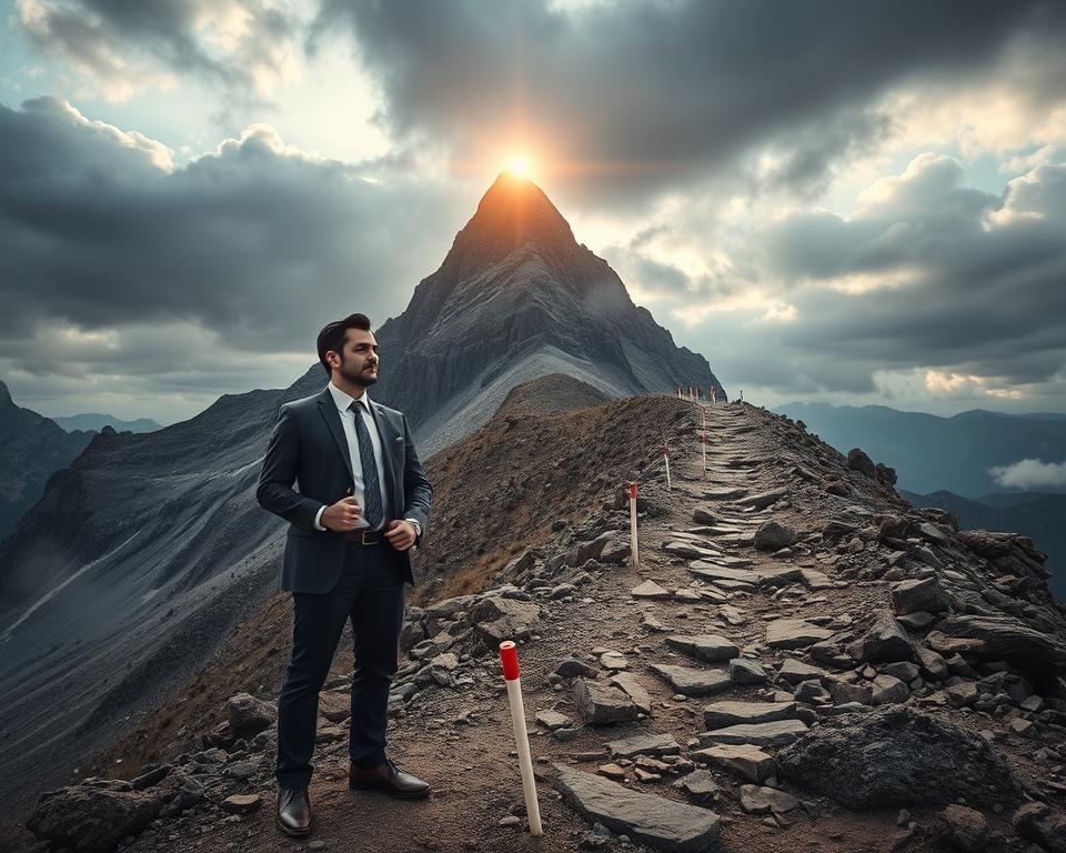 A determined individual stands confidently at the base of a steep mountain, symbolizing the journey of overcoming obstacles in goal setting. The foreground features this person, wearing a smart, professional outfit, looking up towards the summit where the sun breaks through dark clouds, illuminating the peak. In the middle ground, rugged terrain with rocks and uneven pathways represent challenges, while small markers along the trail symbolize milestones. The background showcases a dramatic sky with hints of dawn, casting a hopeful light over the scene, signifying new beginnings. The overall mood is both inspirational and empowering, with soft, diffused lighting and a slightly upward angle to emphasize aspiration and ambition.