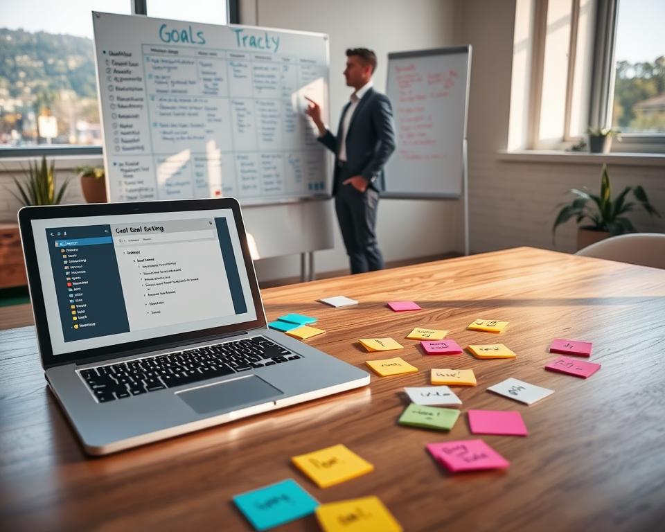 A professional workspace highlighting the concept of goal tracking. In the foreground, a sleek wooden desk with a laptop open, displaying a digital goal-setting app. Scattered around are colorful sticky notes with various goals handwritten on them. The middle ground features an organized whiteboard filled with categorized tasks and timelines, illustrated using vibrant markers. In the background, a large window allows natural light to pour in, illuminating the room and creating a productive atmosphere. A person in smart casual attire stands thoughtfully by the whiteboard, pointing at a detailed action plan. The scene evokes determination and motivation, with a focus on clarity and purpose, captured in soft, inviting lighting for a warm, inspiring feel.