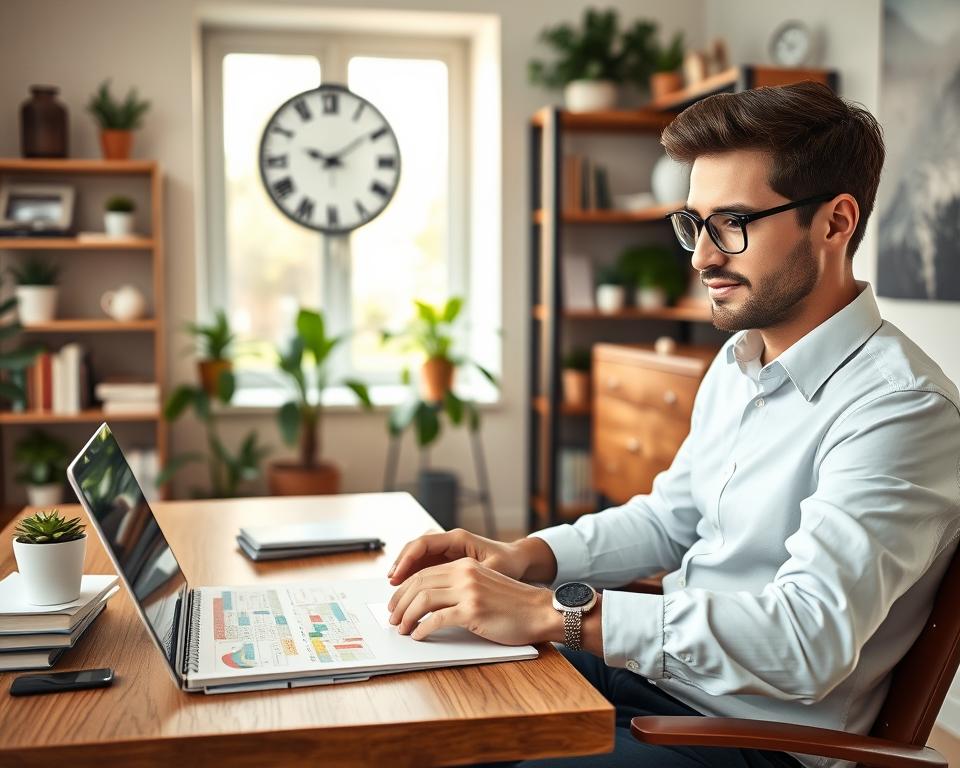 A serene home office scene designed to illustrate effective time management. In the foreground, a focused individual in smart casual attire sits at a modern wooden desk, engaging with a sleek laptop. A planner filled with color-coded notes and a tasteful wall clock displaying balanced time is prominently featured. The middle ground showcases organized shelves filled with books and plants, suggesting a productive environment. The background features a large window with gentle natural light streaming in, illuminating the space and enhancing a calm atmosphere. The overall mood is one of harmony and balance, depicting the successful integration of work and personal life. Use soft focus to highlight the individual while maintaining the richness of the workspace’s details. A serene home office scene designed to illustrate effective time management. In the foreground, a focused individual in smart casual attire sits at a modern wooden desk, engaging with a sleek laptop. A planner filled with color-coded notes and a tasteful wall clock displaying balanced time is prominently featured. The middle ground showcases organized shelves filled with books and plants, suggesting a productive environment. The background features a large window with gentle natural light streaming in, illuminating the space and enhancing a calm atmosphere. The overall mood is one of harmony and balance, depicting the successful integration of work and personal life. Use soft focus to highlight the individual while maintaining the richness of the workspace’s details.