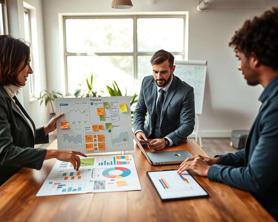 A serene office environment focused on effective planning strategies, featuring a diverse group of three professionals engaged in a collaborative discussion around a large wooden table. In the foreground, a woman in a business suit points at a colorful, detailed planning board filled with charts and post-it notes. The middle layer shows a man in smart attire analyzing graphs on a laptop, while a relaxed atmosphere is enhanced by natural light streaming through a large window, illuminating indoor plants in the background. The background depicts a well-organized office space with a whiteboard filled with brainstorming ideas. The mood is optimistic and productive, showcasing a blend of teamwork and strategic thinking, captured with a soft focus to emphasize collaboration. A serene office environment focused on effective planning strategies, featuring a diverse group of three professionals engaged in a collaborative discussion around a large wooden table. In the foreground, a woman in a business suit points at a colorful, detailed planning board filled with charts and post-it notes. The middle layer shows a man in smart attire analyzing graphs on a laptop, while a relaxed atmosphere is enhanced by natural light streaming through a large window, illuminating indoor plants in the background. The background depicts a well-organized office space with a whiteboard filled with brainstorming ideas. The mood is optimistic and productive, showcasing a blend of teamwork and strategic thinking, captured with a soft focus to emphasize collaboration.