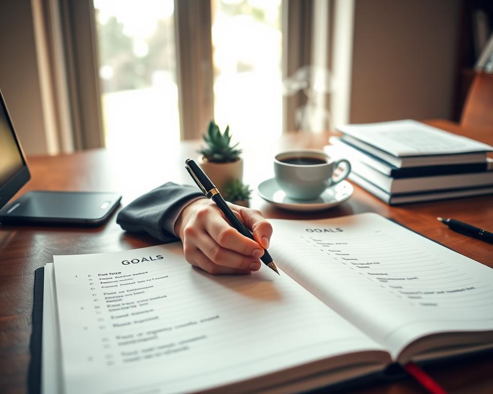 A serene, well-organized workspace showcasing a wooden desk with a large planner open to a page filled with neatly written goals. In the foreground, a pair of hands, dressed in professional attire, writes in a notebook with a fountain pen, emphasizing focus and intention. In the middle ground, a small succulent plant and a steaming cup of coffee convey a calming atmosphere. The background features a bright window with natural light streaming in, casting soft shadows on the desk. The overall mood is productive and peaceful, illustrating focus on goal setting in daily life. The scene is captured with a soft focus lens to enhance the gentle ambiance, creating an inspiring visual that encourages productivity and goal achievement.