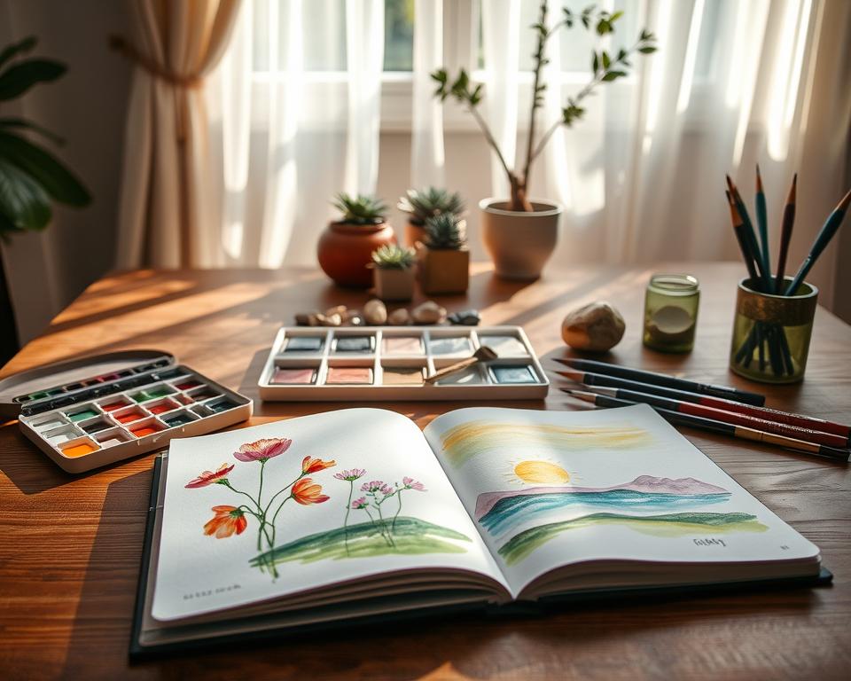 A serene workspace set up for watercolor journaling inspiration. In the foreground, an open sketchbook lies flat, displaying colorful, half-finished watercolor paintings of blooming flowers and soft landscapes. Next to the sketchbook, a selection of vibrant watercolor paints and brushes are artfully arranged. In the middle ground, a cozy table is adorned with natural materials like small potted plants and pebbles, enhancing the creative atmosphere. In the background, soft sunlight streams in through a window adorned with sheer curtains, casting gentle shadows and creating a warm, inviting ambiance. The scene evokes a sense of tranquility and artistic inspiration, inviting viewers to immerse themselves in the joys of watercolor journaling.