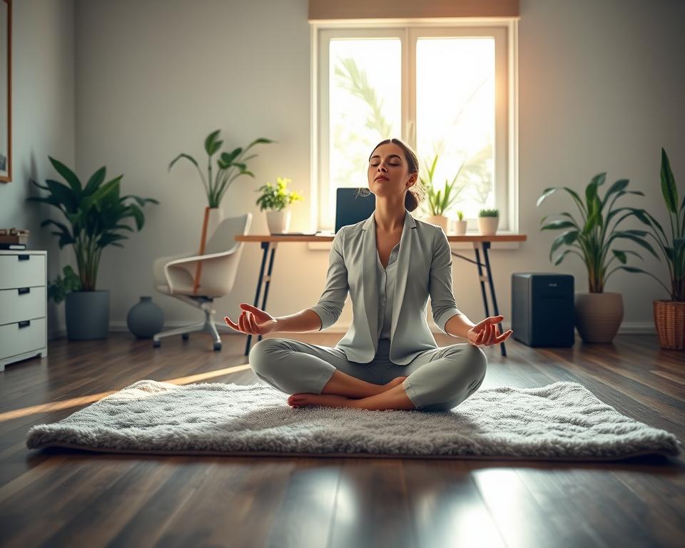 A serene workspace that embodies "mindfulness productivity." In the foreground, a person in modest, professional attire sits cross-legged on a plush yoga mat, meditating with eyes closed, surrounded by soft, natural light. The middle ground features a tidy, minimalistic desk with a laptop, notepads, and a small potted plant, symbolizing focus and clarity. In the background, a tranquil window overlooks a sunlit garden, with gentle green plants swaying softly, creating a sense of calm and connection with nature. The overall atmosphere is peaceful and uplifting, with warm, inviting colors that evoke mindfulness. The image should capture the essence of balance between productivity and inner peace, using soft focus to enhance the calming effect.