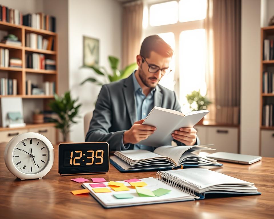 A stylish home office scene featuring a sleek wooden desk with an open planner, colorful sticky notes, and a modern digital clock displaying different time blocks. In the foreground, a focused professional in smart casual attire is adjusting their planner, with expressions of concentration and determination. The middle ground showcases a large window with sunlight streaming in, casting warm, inviting light across the room. The background includes bookshelves filled with productivity books and a potted plant, creating a balanced and calming atmosphere. Use soft, natural lighting to enhance the professional yet relaxed vibe of the workspace, shot from a slightly elevated angle to provide depth and perspective. The overall mood should inspire organization, productivity, and effective time management.