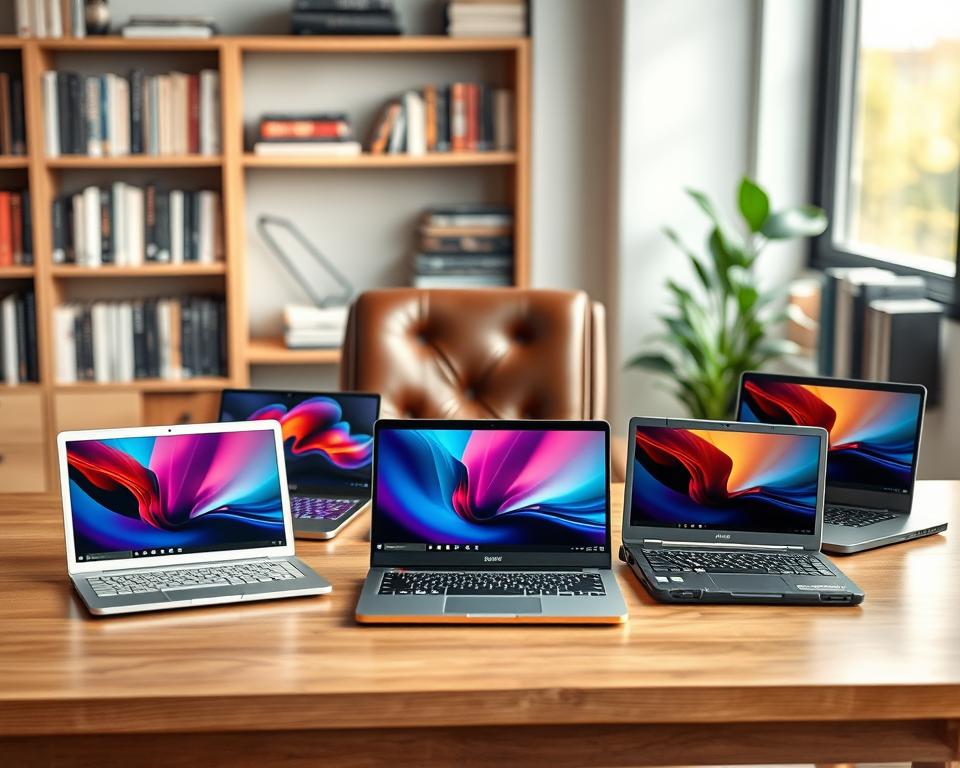 A stylish workspace featuring five top notebook models elegantly displayed on a wooden desk. In the foreground, prominently showcase a sleek silver ultrabook, a vibrant gaming laptop, a compact 2-in-1 notebook, a minimalist workhorse, and a rugged outdoor laptop, each open to highlight their screens. In the middle, a cozy leather office chair, a stack of stylish stationery, and a potted plant create an inviting atmosphere. Soft, natural lighting streams in from a nearby window, casting a warm glow on the devices, while a blurred bookshelf filled with tech-related books provides a sophisticated background. The overall mood is professional yet relaxed, ideal for readers seeking practical and aesthetic inspiration for their next purchase, capturing the essence of modern technology and design.