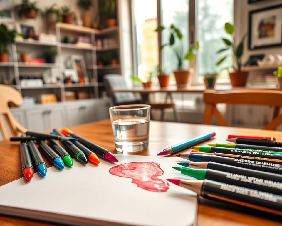A tranquil workspace featuring an array of vibrant brush pens ideal for beginners, arranged artistically on a wooden table. In the foreground, the pens showcase their various colors, nib sizes, and unique designs, with some inks elegantly flowing from their tips onto a smooth sketchbook page, which is partially visible. In the middle ground, a small glass of water reflects the soft natural light coming in from the large window beside the table. The background suggests a cozy, creative atmosphere with softly blurred shelves filled with art supplies, plants, and inspirational artwork. The lighting is warm and inviting, enhancing the colors of the pens and providing a serene mood to inspire creativity. The angle captures a slightly elevated view, focusing on the artistic setup. A tranquil workspace featuring an array of vibrant brush pens ideal for beginners, arranged artistically on a wooden table. In the foreground, the pens showcase their various colors, nib sizes, and unique designs, with some inks elegantly flowing from their tips onto a smooth sketchbook page, which is partially visible. In the middle ground, a small glass of water reflects the soft natural light coming in from the large window beside the table. The background suggests a cozy, creative atmosphere with softly blurred shelves filled with art supplies, plants, and inspirational artwork. The lighting is warm and inviting, enhancing the colors of the pens and providing a serene mood to inspire creativity. The angle captures a slightly elevated view, focusing on the artistic setup.