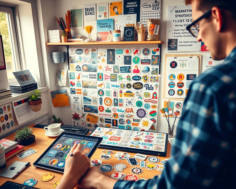 A vibrant and engaging workspace showcasing sticker design marketing. In the foreground, an artist is working on colorful sticker prototypes, using a tablet and stylus. The middle layer features a neatly arranged selection of various sticker designs, each with unique patterns and themes, displayed effectively to attract potential buyers. The background includes shelves filled with art supplies, inspiring imagery, and a mood board showcasing marketing strategies, all bathed in soft, natural lighting from a nearby window. The composition is warm and inviting, fostering a sense of creativity and professionalism. The angle captures the workspace from a slight overhead view, emphasizing the blend of artistry and marketing in a successful sticker design business.