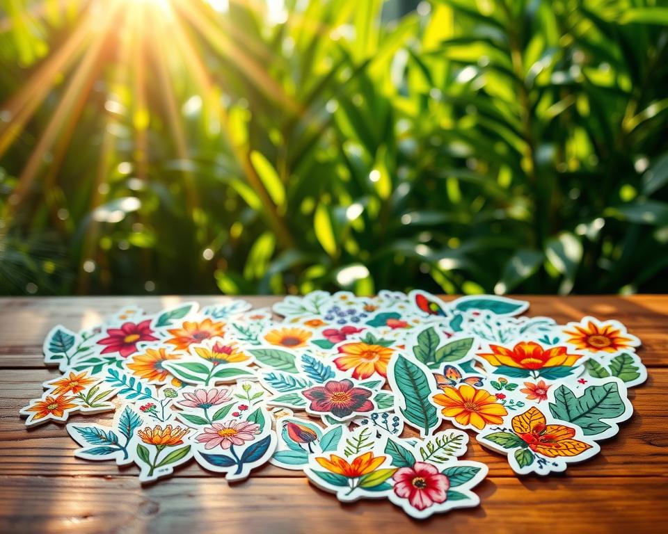 A vibrant and inspiring collection of nature-themed sticker designs spread out on a wooden table. In the foreground, several stickers showcase detailed illustrations of various elements like colorful flowers, playful animals, and intricate leaves, each with a glossy finish. The middle ground features a lush green background with soft focus plants, evoking a sense of tranquility and creativity. In the background, rays of sunlight filter through the leaves, creating beautiful patterns and a warm golden glow that enhances the natural colors of the designs. The atmosphere is lively yet calming, inviting viewers to unleash their creativity through these nature-inspired stickers.