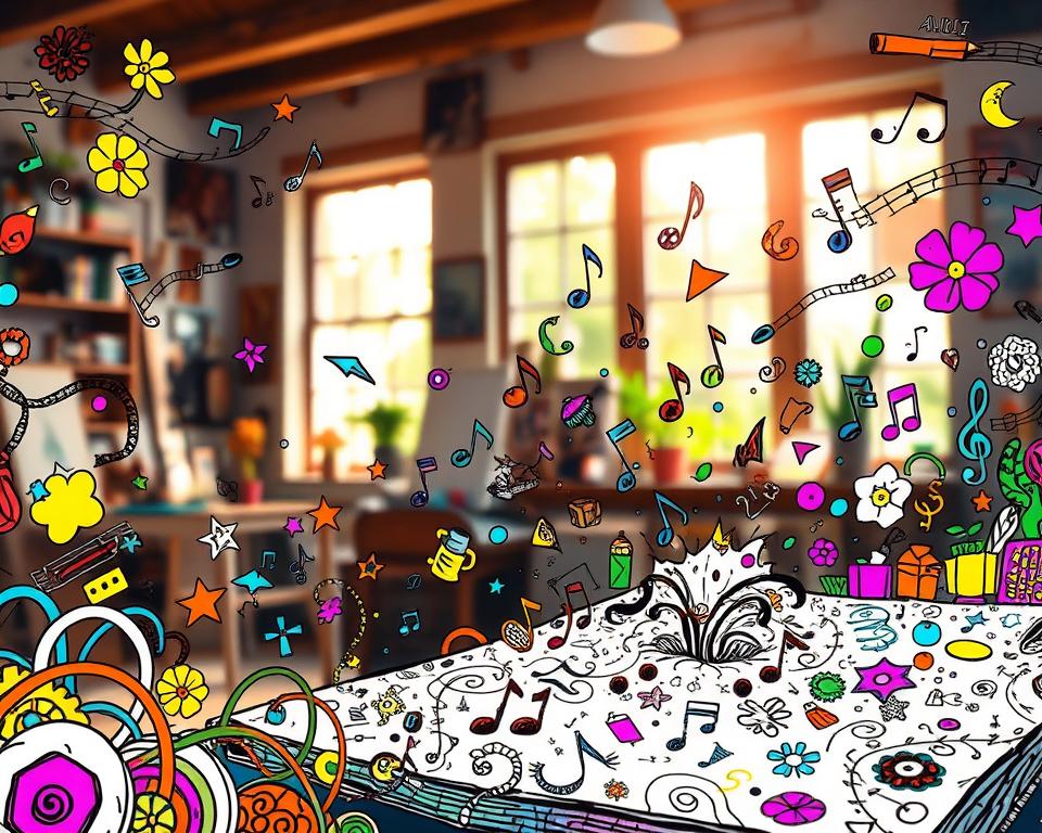 A vibrant and intricate doodle art scene, filled with flowing lines and whimsical shapes, featuring a blend of abstract forms and recognizable objects like flowers, stars, and musical notes. In the foreground, a series of colorful doodles swirl and interconnect, expressing creativity and spontaneity. The middle ground showcases layered doodles emerging from a sketchbook, giving a sense of depth and movement. In the background, a softly blurred view of a cozy art studio filled with natural light streaming through large windows, casting a warm glow across the workspace. The overall mood is uplifting and inspiring, inviting viewers into a world where doodling merges with various art forms, encouraging mindfulness and creativity. Gentle shadows enhance the three-dimensionality of the doodles, creating a dynamic and engaging atmosphere.