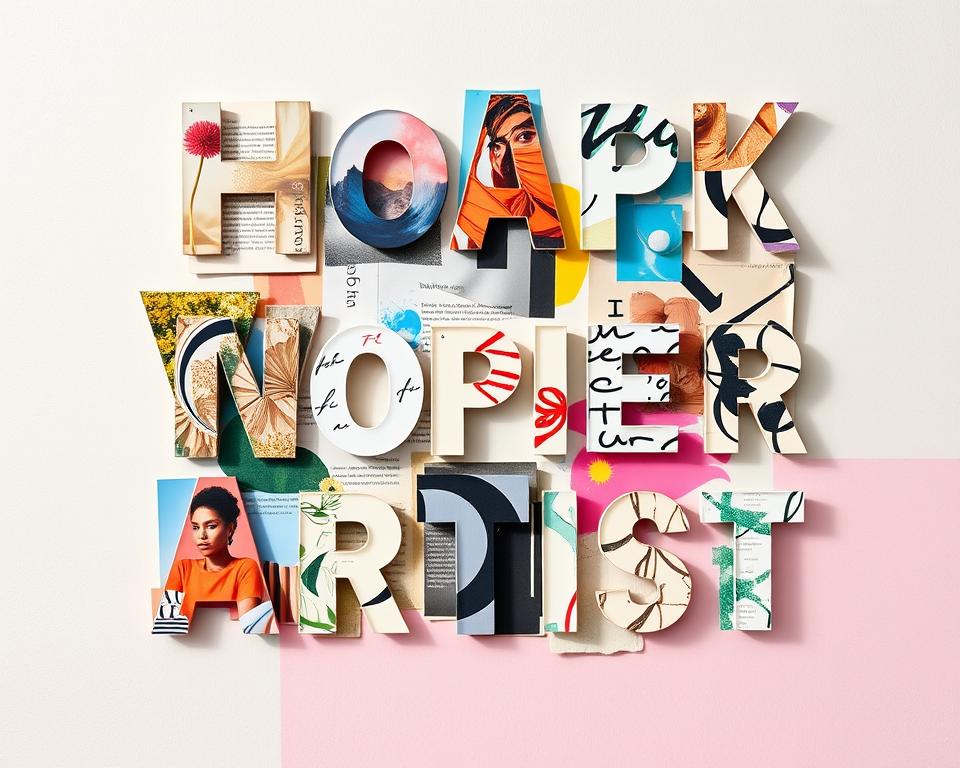 A vibrant collage art composition showcasing various pieces of text and typography artfully layered together. In the foreground, bold letters and handwritten snippets emerge, juxtaposed against colorful magazine clippings featuring nature, faces, and abstract shapes. The middle layer includes textures like fabric swatches and paint splashes, adding depth and dimension. The background is a soft gradient of pastel colors that subtly transitions from light blue to pink, creating a dreamy atmosphere. Bright, natural lighting illuminates the scene, casting gentle shadows that enhance the layers. The arrangement is dynamic yet harmonious, reflecting creativity and inspiration, evoking a sense of exploration and invitation to express oneself through collage. The mood is uplifting and imaginative, perfect for inspiring beginner artists.