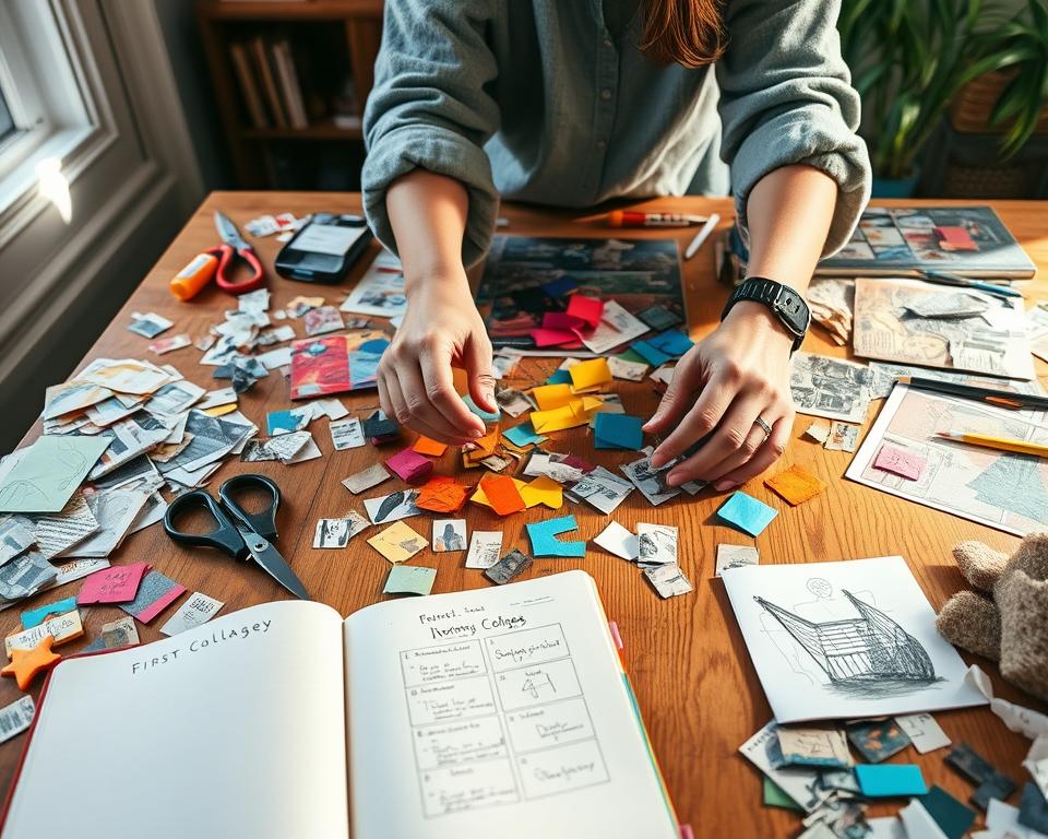 A vibrant, dynamic workspace featuring various collage techniques, characterized by colorful paper cutouts, magazine clippings, and textured materials scattered across a wooden table. In the foreground, an artist's hands, clad in modest, casual clothing, are actively gluing pieces together, symbolizing the start of a creative process. In the middle ground, an array of scissors, glue, and finished collages showcases the stages of creation, while a sketchbook open to a brainstorming page adds an element of inspiration. The background contains soft, natural lighting pouring in from a window, casting gentle shadows and enhancing the inviting atmosphere of creativity. Overall, the scene feels warm, encouraging, and motivational, perfectly capturing the essence of embarking on a first collage project.