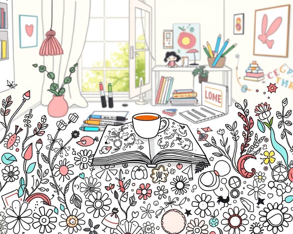 A vibrant, whimsical doodle art scene capturing the essence of creativity in the foreground, featuring playful, intricate line drawings of various abstract shapes, flowers, and imaginative creatures. In the middle ground, a workspace is illustrated with an open sketchbook filled with colorful doodles, art supplies like pens and markers scattered around, and a steaming cup of tea, suggesting a meditative atmosphere. The background showcases an inviting, sunlit room with soft light filtering through a window, casting gentle shadows, enhancing the cozy ambiance. The image conveys a sense of joyful exploration and tranquility, inviting viewers into the world of mindful drawing and doodling. The overall color palette is warm and cheerful, featuring pastel hues contrasted with bold colors, creating a balance of energy and calmness.