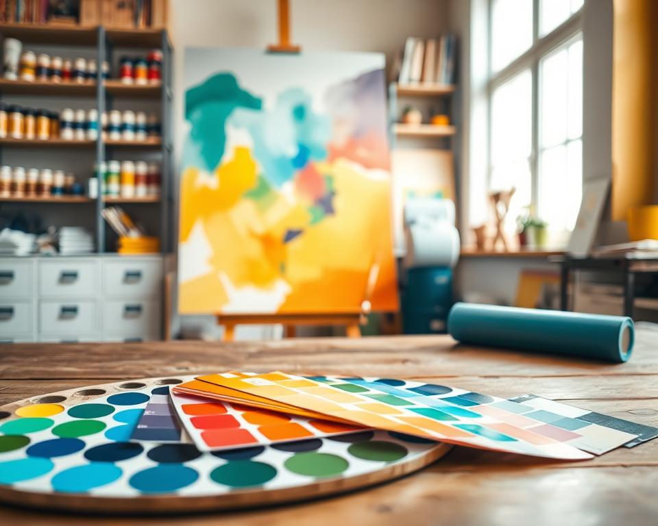 A vibrant workspace featuring a color scheme testing area. In the foreground, an artist’s palette with an array of paint swatches in vivid hues—blues, greens, yellows, and reds—spilled across a wooden table. In the middle ground, a large, well-lit canvas displays an abstract composition showcasing harmonious color combinations, illuminated by soft, natural light streaming through a window. The background features shelves lined with paint cans, brushes, and color theory books, creating an inspiring atmosphere. The mood is creative and inviting, encouraging exploration and experimentation with color. Capture the scene with a warm, inviting light to enhance the colors, using a slightly elevated angle to showcase the depth and arrangement of the workspace clearly.