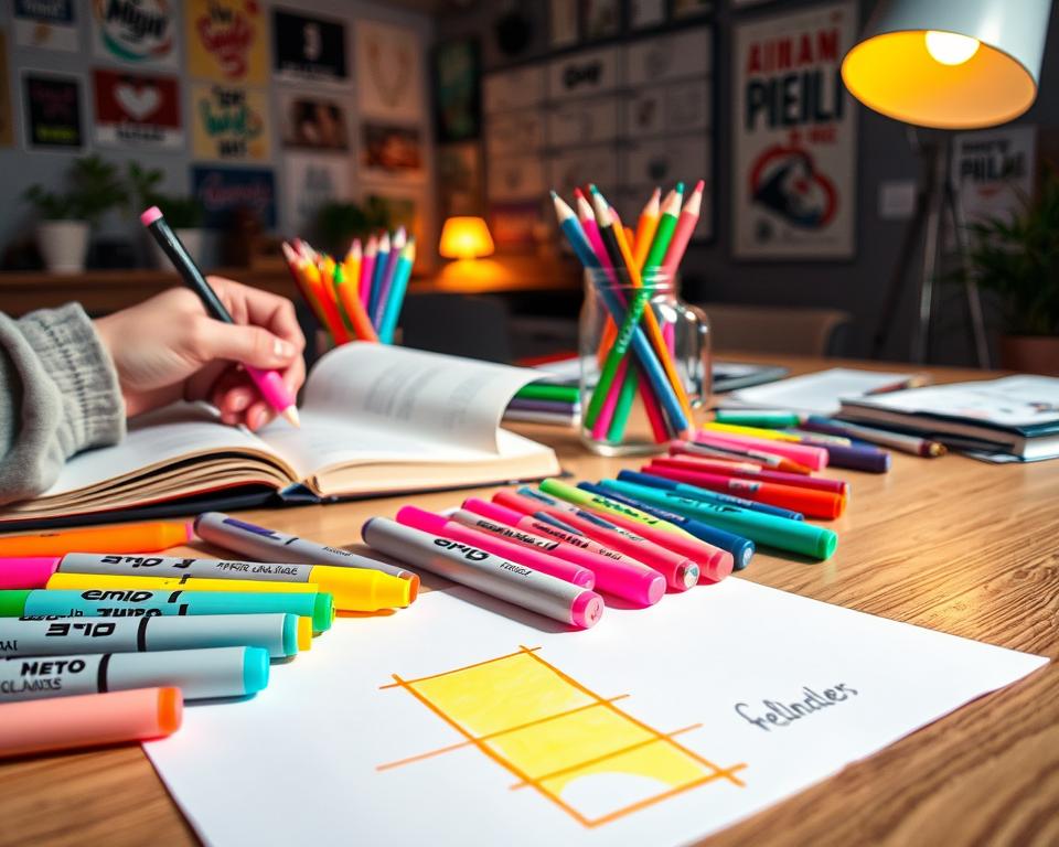 A vibrant workspace scene showcasing a variety of creative uses for highlighters. In the foreground, an assortment of colorful highlighters sprawled open on a wooden desk, with one highlighter drawing bright geometric patterns on a sheet of white paper. To the left, a hand in a modest casual outfit uses a highlighter to mark important sections in a notebook. In the middle, a glass jar filled with highlighters sits beside an open planner filled with vibrant doodles. In the background, softly blurred, there are motivational posters on the wall and a warm desk lamp illuminating the workspace, creating an inviting atmosphere infused with creativity. The lighting is bright and cheerful, capturing a sense of inspiration and artistic expression. A vibrant workspace scene showcasing a variety of creative uses for highlighters. In the foreground, an assortment of colorful highlighters sprawled open on a wooden desk, with one highlighter drawing bright geometric patterns on a sheet of white paper. To the left, a hand in a modest casual outfit uses a highlighter to mark important sections in a notebook. In the middle, a glass jar filled with highlighters sits beside an open planner filled with vibrant doodles. In the background, softly blurred, there are motivational posters on the wall and a warm desk lamp illuminating the workspace, creating an inviting atmosphere infused with creativity. The lighting is bright and cheerful, capturing a sense of inspiration and artistic expression.
