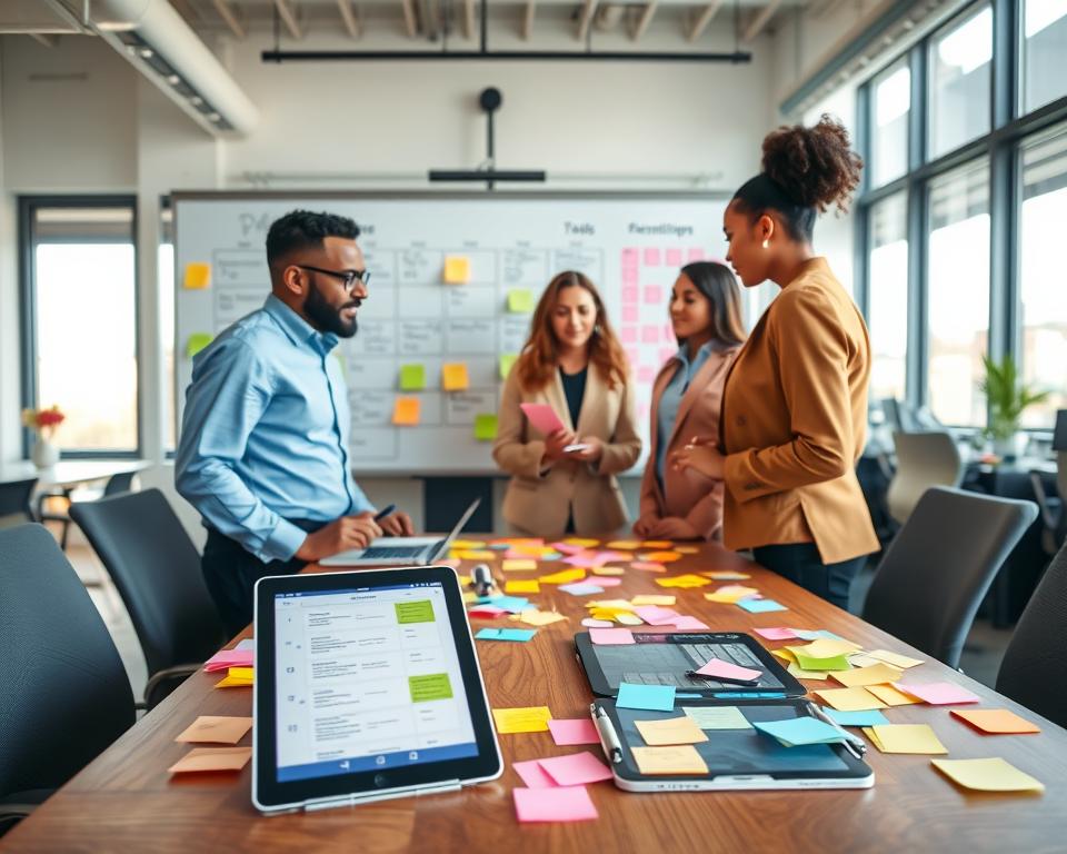 A visually engaging workspace centered around task prioritization, featuring a large wooden desk cluttered with colorful sticky notes and a digital tablet displaying a productivity app. In the foreground, a diverse group of three professionals in smart casual attire gathers around the desk, actively discussing and arranging tasks. The middle area showcases a whiteboard filled with organized charts and priority lists, while the background includes a bright office environment with large windows filtering soft, natural light. The atmosphere is focused and collaborative, emphasizing the importance of effective planning and prioritization methods. Use a slightly elevated angle to capture the dynamic interaction among the individuals and their strategic approach to task management.