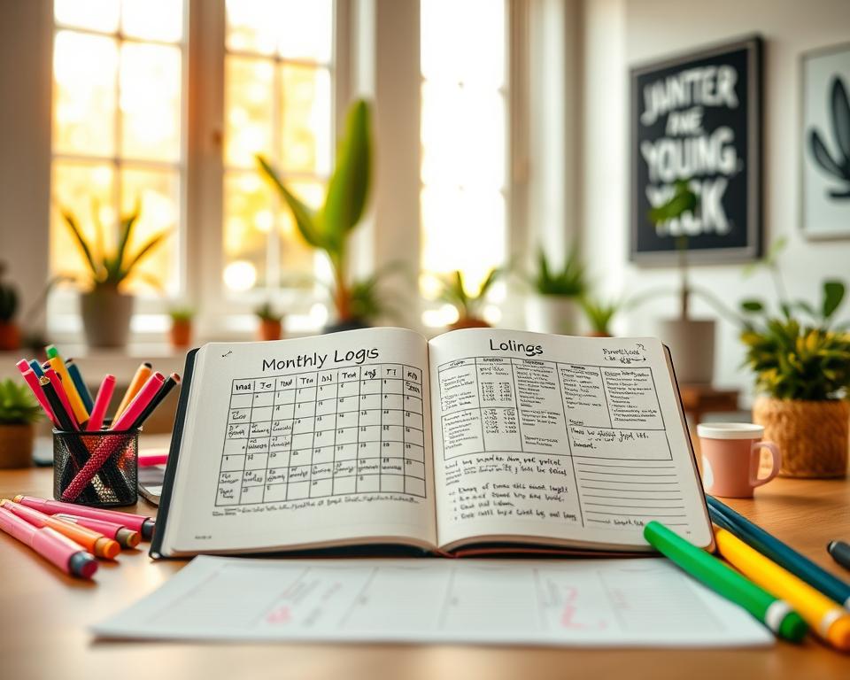 A visually engaging workspace featuring an open notebook displaying vibrant monthly logs in a rapid logging style. In the foreground, a neatly organized desk with colorful pens and highlighters, showcasing various bullet journal symbols like check boxes and bullet points. The middle layer features a close-up view of the detailed logging entries with effective organization, such as a calendar grid and task lists. In the background, a large window allows warm, natural light to stream in, illuminating the scene and creating a productive atmosphere. Soft focus on indoor plants adds a touch of freshness, while a motivational poster hangs on the wall. The mood is one of efficiency and creativity, inviting beginners to explore the art of rapid logging.