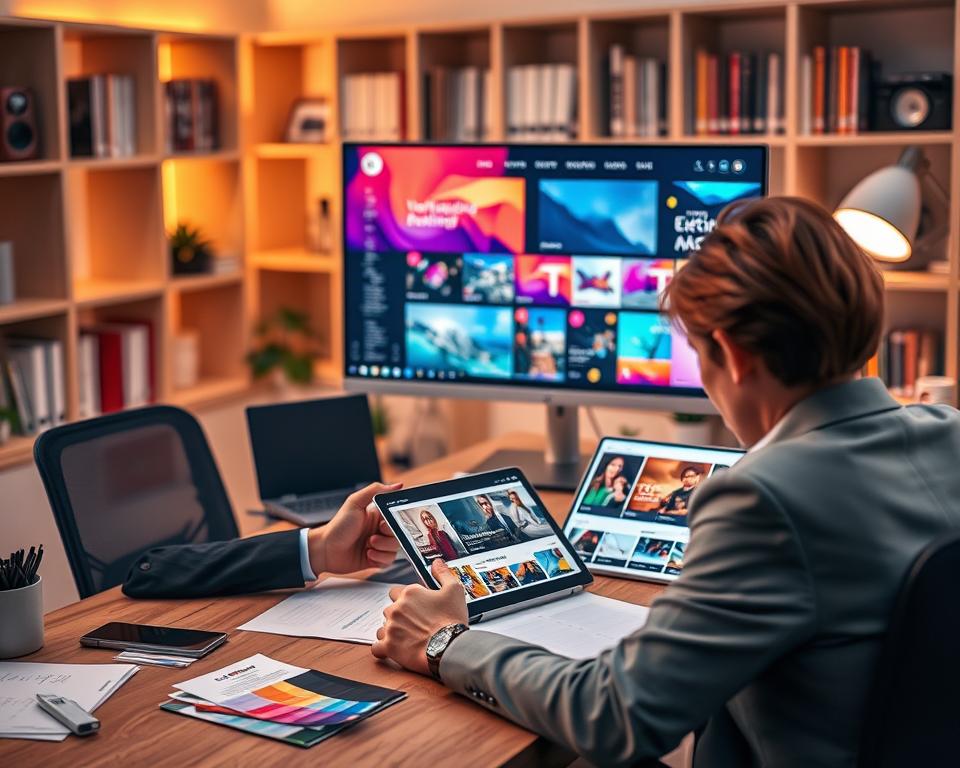 A well-organized and aesthetically pleasing workspace featuring a modern desk set up for reviewing theme spreads. In the foreground, a person in professional attire is deeply focused on a digital tablet displaying vibrant theme designs, with notes and color swatches scattered around. The middle layer shows a large monitor displaying a visually stunning theme spread, incorporating eye-catching graphics and color palettes, blended seamlessly together. The background features a soft-focus bookshelf with design books, adding depth, while warm, ambient lighting casts a gentle glow over the scene, creating a productive and inspiring atmosphere. The overall mood is one of creativity, focus, and professionalism. A well-organized and aesthetically pleasing workspace featuring a modern desk set up for reviewing theme spreads. In the foreground, a person in professional attire is deeply focused on a digital tablet displaying vibrant theme designs, with notes and color swatches scattered around. The middle layer shows a large monitor displaying a visually stunning theme spread, incorporating eye-catching graphics and color palettes, blended seamlessly together. The background features a soft-focus bookshelf with design books, adding depth, while warm, ambient lighting casts a gentle glow over the scene, creating a productive and inspiring atmosphere. The overall mood is one of creativity, focus, and professionalism.